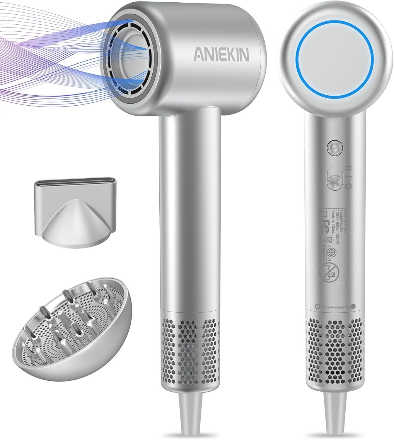 Hair Dryer, High-Speed Ionic Low Noise Blow Dryer for Fast Drying, Birthday Christmas Gifts for Women Men Mom Dad, Thermo-Control Quiet Compact Hair Blow Dryer for Travel Salon, Silver