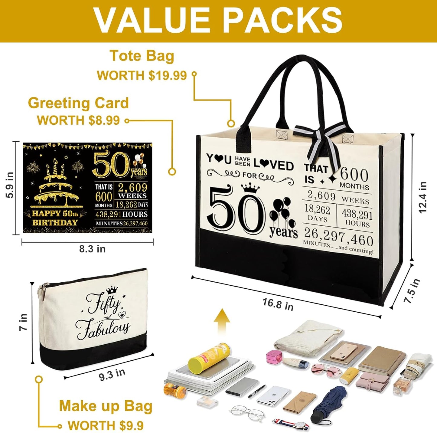 50th Birthday Gifts for Women 50 and Fabulous Canvas Tote Bag Travel Gear, Unique 50 Years Old Gifts for Wife Sister Mom Aunt Friends Her, Handbag & Cosmetic Bag & 50 Birthday Poster