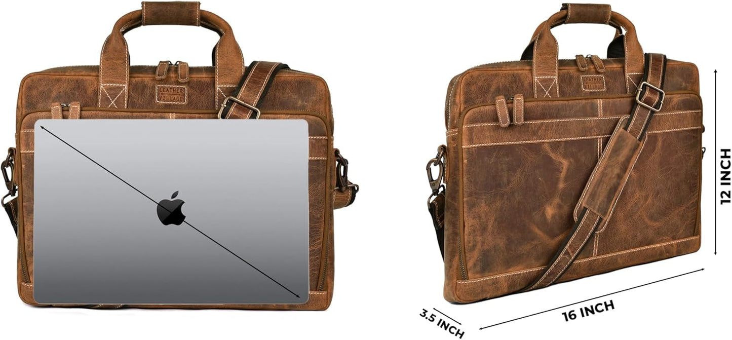 LEATHER VILLAGE 16" Leather Laptop Messenger Briefcase Bag for Men-Leather Satchel for Travel and Office Shoulder Bag- Sun Tan Brown