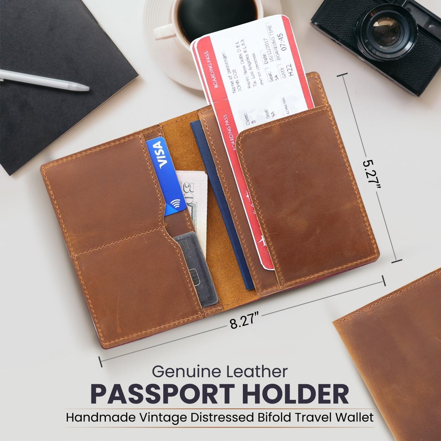 Leather Passport Holder with Travel Wallet, Genuine Leather Passport Cover- Passport Wallet, Leather Folding Wallet for Passports (Straight Cut, Brown)