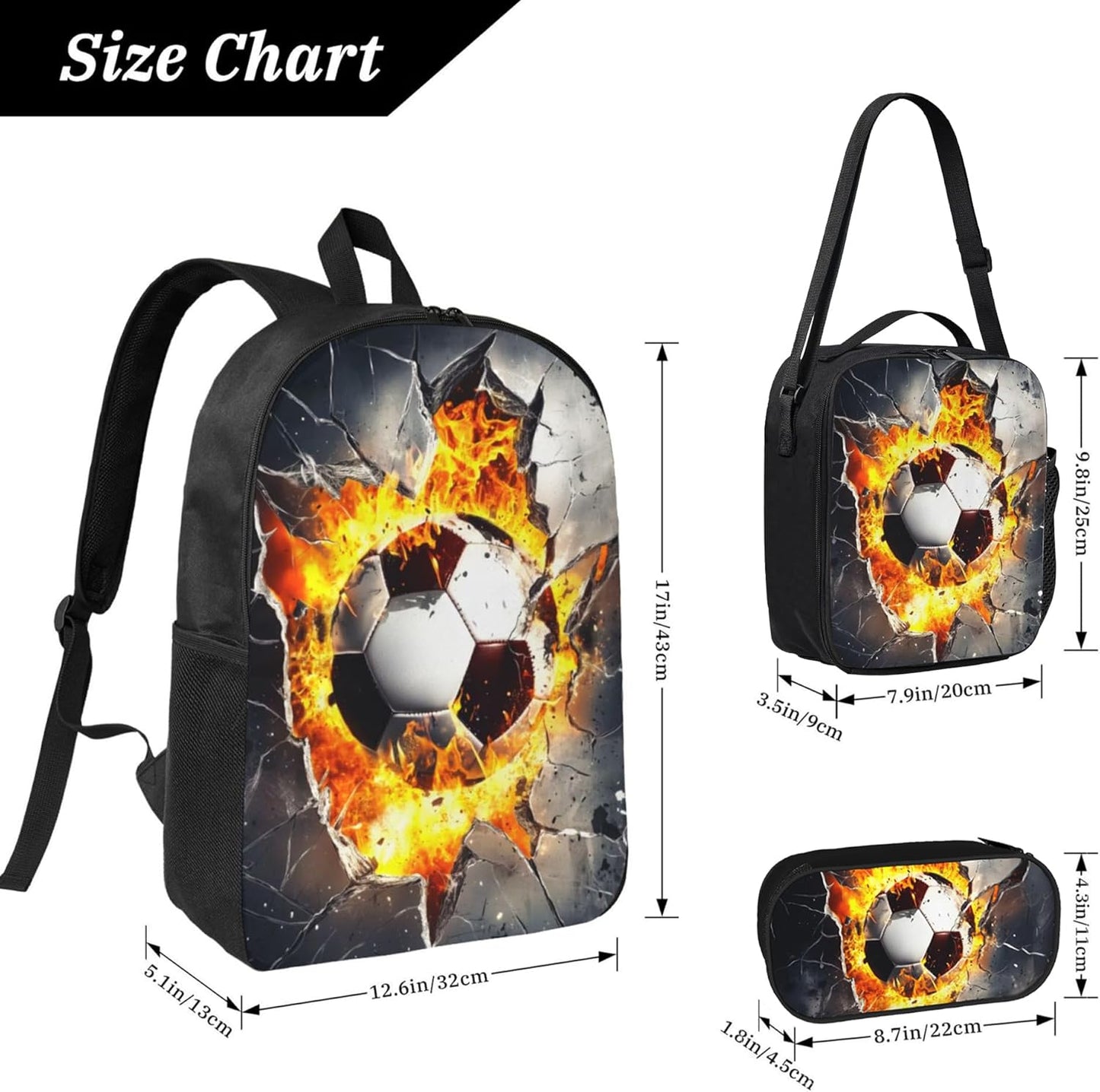 Soccer Kid Backpack Set with Lunch Bag & Pencil Case Large Capacity School Bag 17 Inch Bookbag for Boy Girl