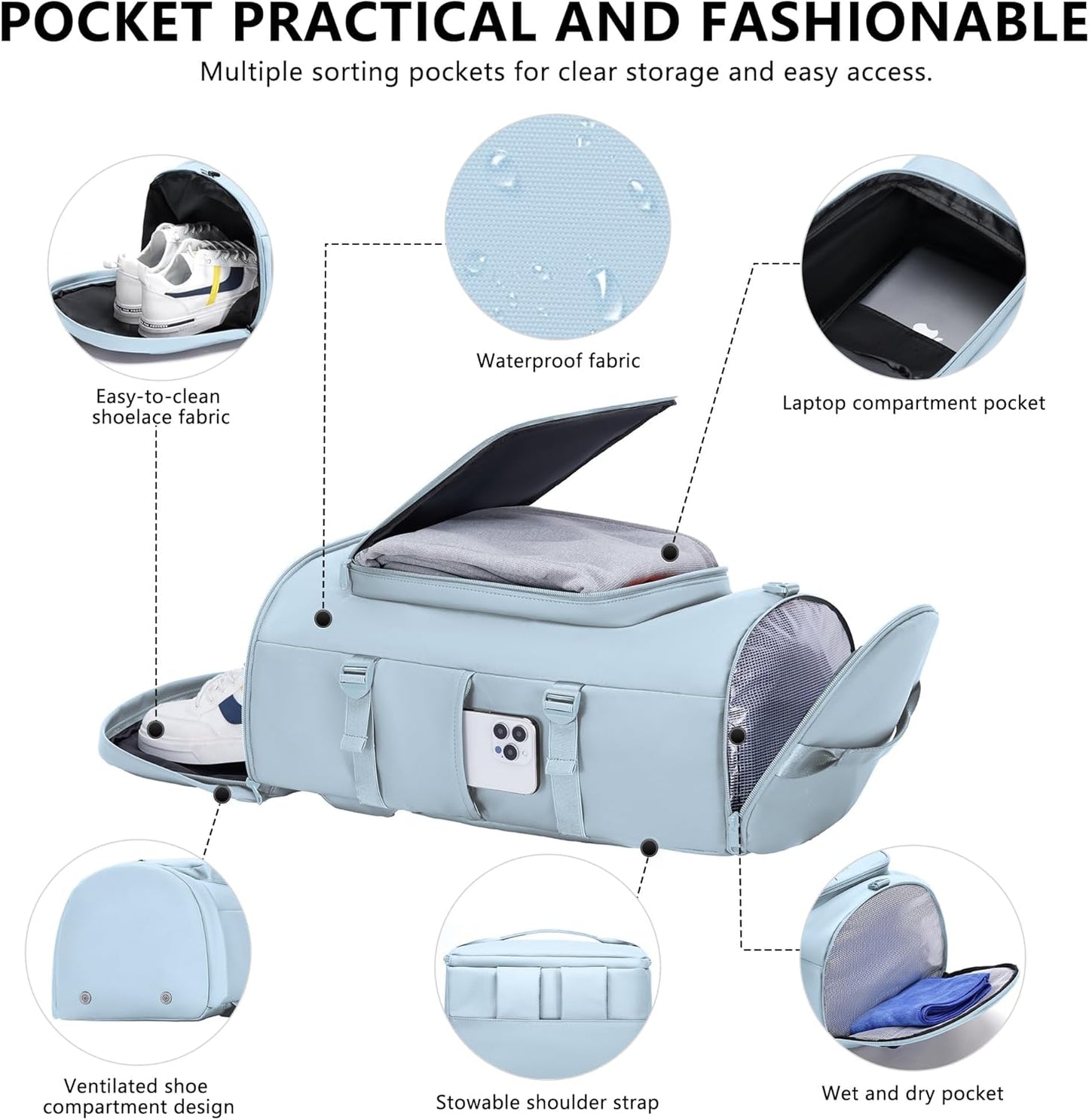 Gym Bag with Shoes Compartment - Duffle Bag for Men and Women, Travel Backpack Weekender Overnight Bag, Sports Bag with Wet Pocket Blue - MIYCOO