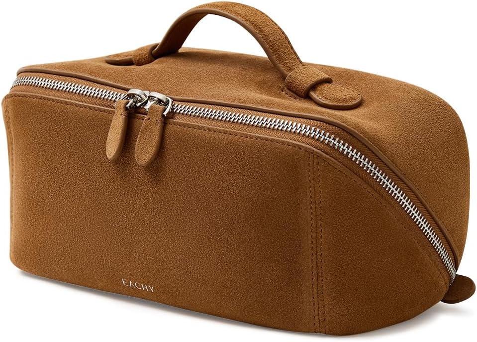 EACHY Leather Makeup Bag, Portable 180° Wide-Open Flat Cosmetic Bag for Women, Large Capacity Make Up Organizer Makeup Pouch with Divider and Handle