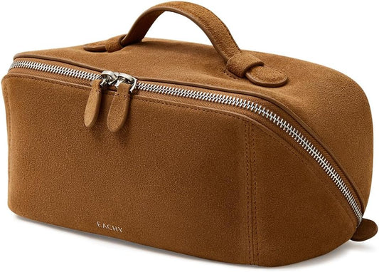 EACHY Leather Makeup Bag, Portable 180° Wide-Open Flat Cosmetic Bag for Women, Large Capacity Make Up Organizer Makeup Pouch with Divider and Handle