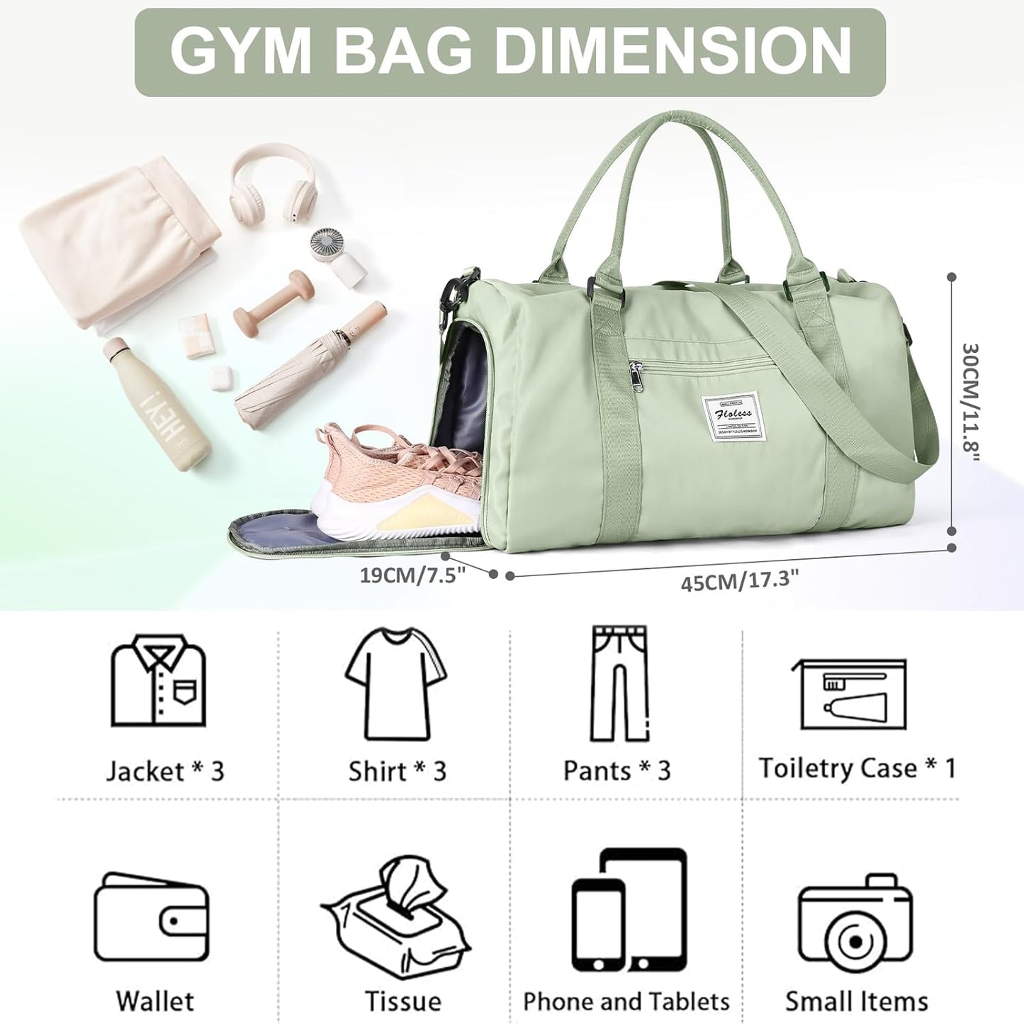 Gym Bag for Women Men with Shoes Compartment,Sports Duffle Bags Personal item travel Duffel Tote Bag Small Carry on Weekender Overnight Bag Workout Dance Bags Hospital Holdalls Grass Green