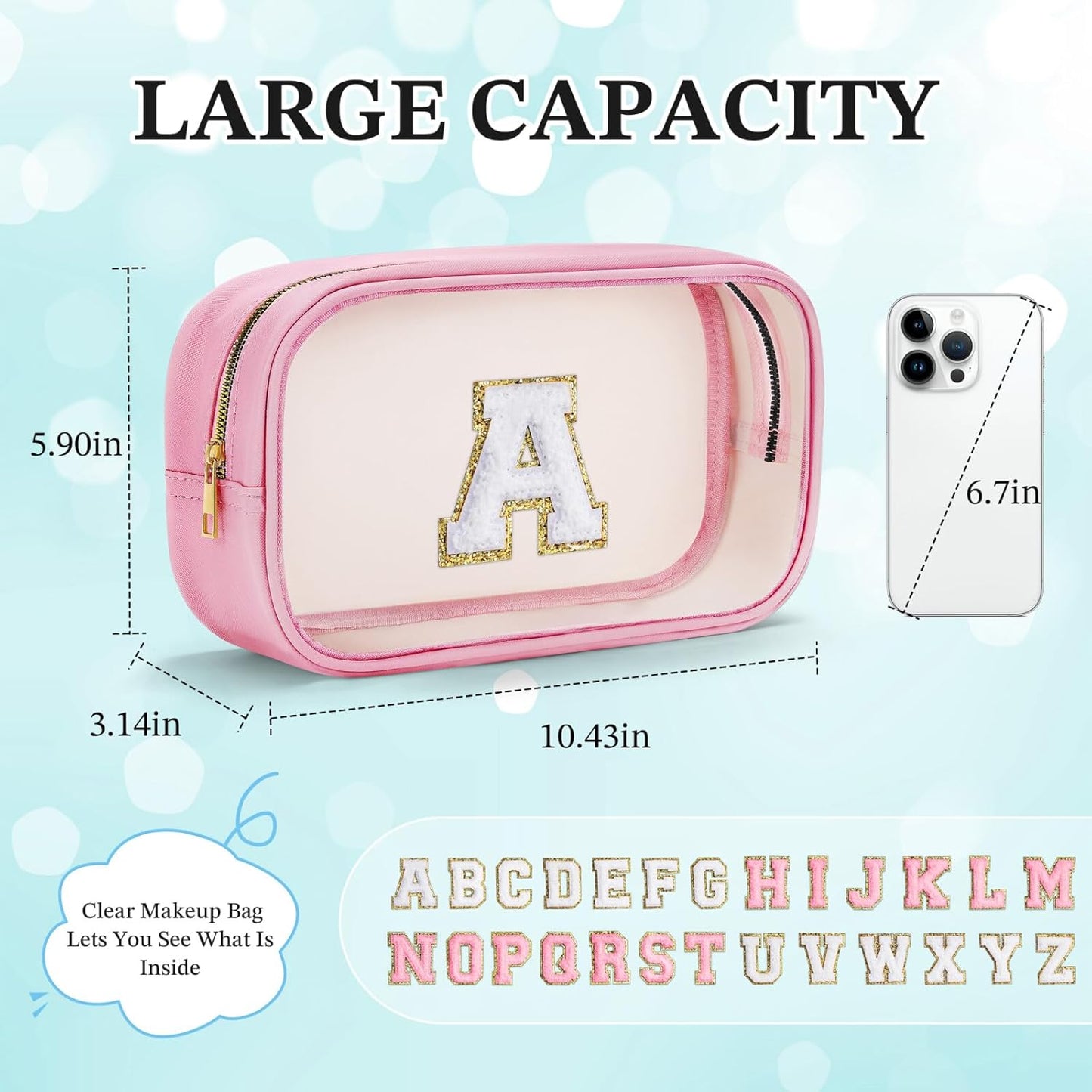 YOOLIFE Initial Make Up Bag Travel Toiletry Bag, Clear Makeup Bag Preppy Cosmetic Bags Organizer Travel Essentials Pink Gifts for Women Teen Girlfriend Teacher Mom Birthday Mothers Day Gifts I