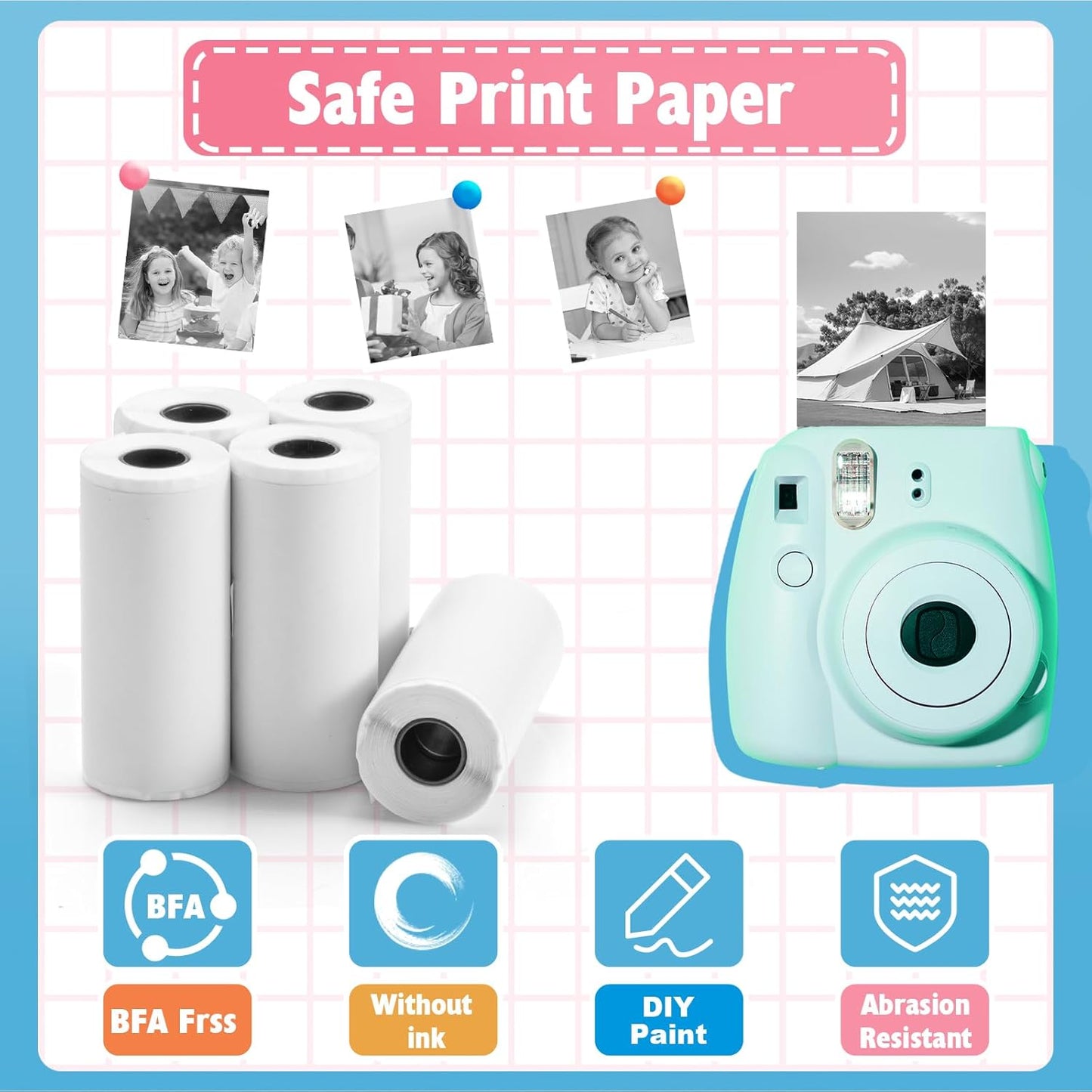 Thermal Paper, 12 Rolls Kids Instant Camera Refill Print Paper, Atnadov HD Thermal Paper (BPA Free) Kids Instant Camera Refill Print Paper Perfect for Most Kids Cameras (White-12 Rolls)