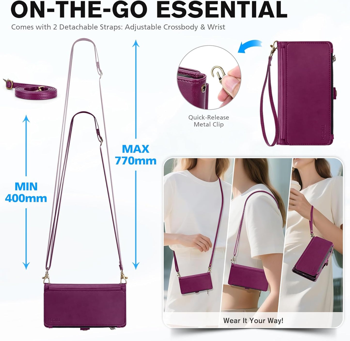 TUCCH Crossbody Detachable Wallet Case for iPhone 17 Pro 6.3" 2025, 9 Card Holders RFID Blocking, Wireless Charging, Stand, Wrist Strap Lanyard, Zipper Pocket, PU Leather Shockproof Cover, Plum Purple