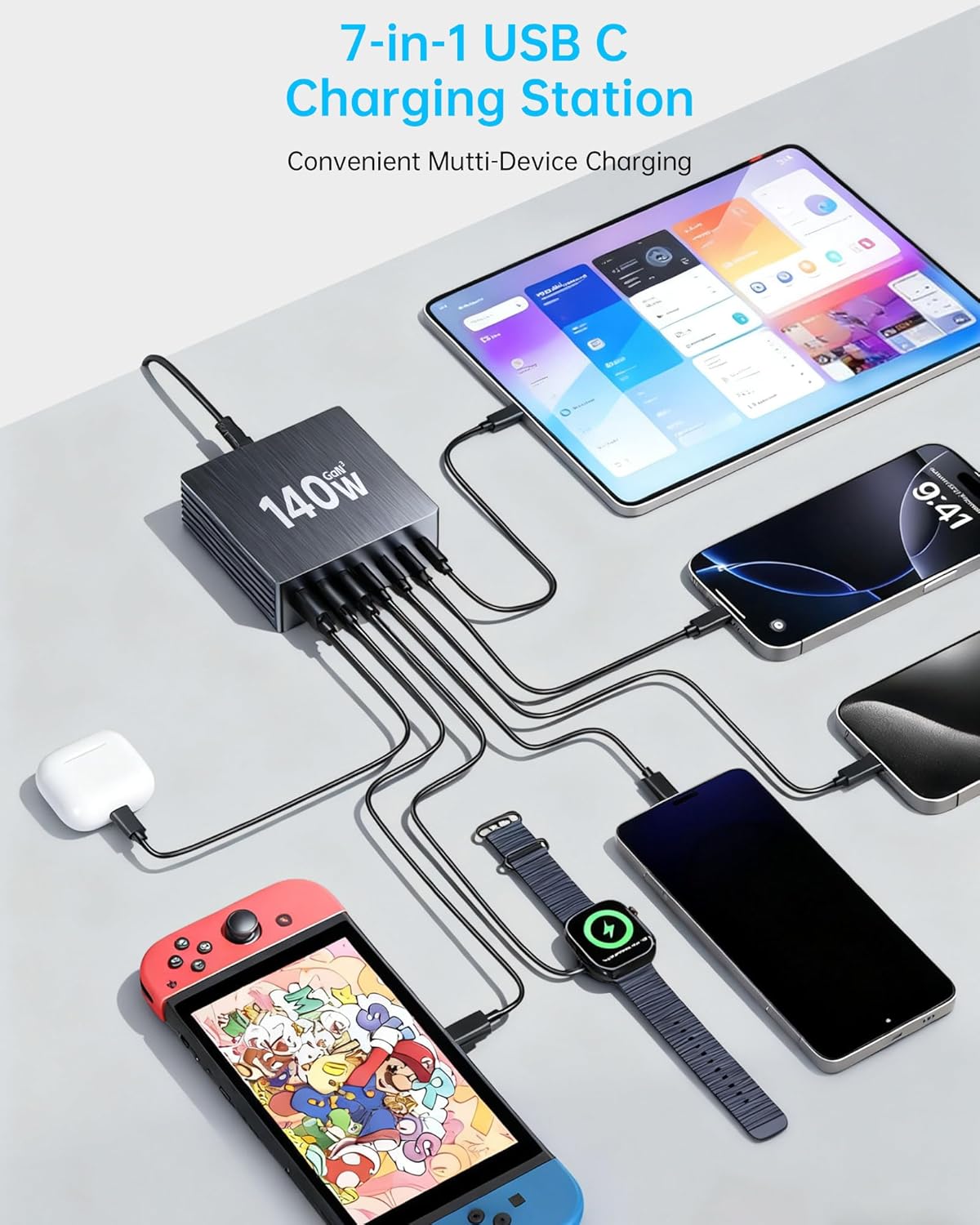 140W USB C Charging Station, GaN III 7 Port Fast Charger Station, PD 3.0 USB Charging Station for Multiple Devices, USB Charging Hub, Multiple USB C Charger Station for iPad iPhone Samsung Android