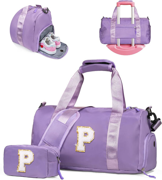 Gymnastics Bag for Girls for Kids-Girl Gym Bag with Shoe Compartment, Kid Personalized Weekender Overnight Bags, Initial Travel Tote with Makeup Pouch, Valentines Day Gift (Letter P)
