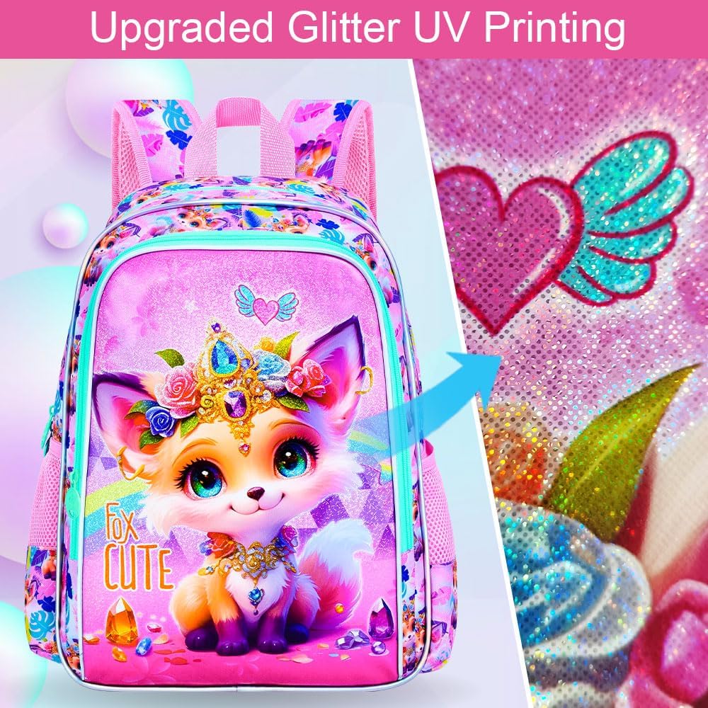16" Backpack for Girls, 3Pcs Fox Kids Bookbag with Lunch Box，School Backpacks for Elementary Preschool Kindergarten (Pink)