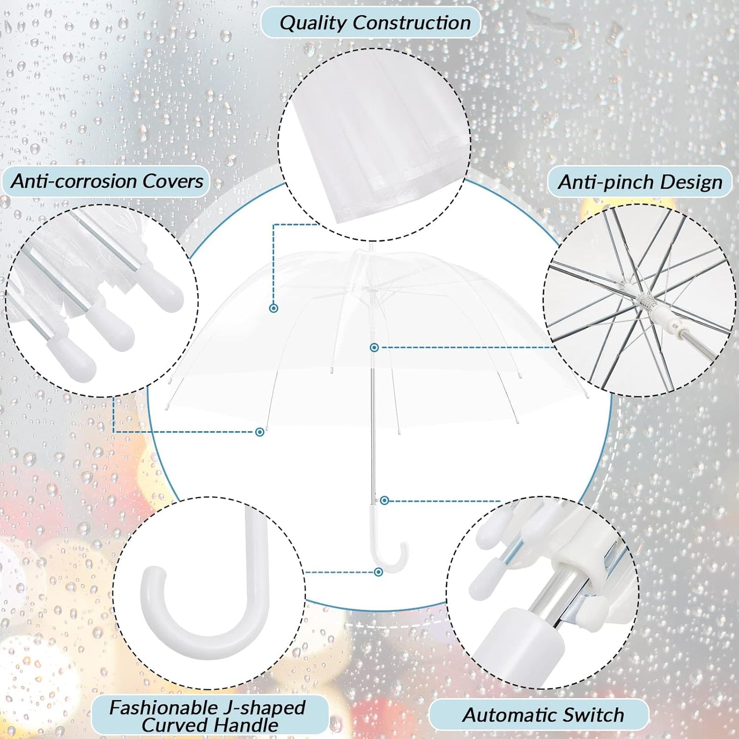 Fabbay 6 Pcs Umbrella Wedding Style Stick Umbrellas Large Windproof Bubble Rain Umbrellas with J Hook Handle for Bride Groom Gift(White Handle)