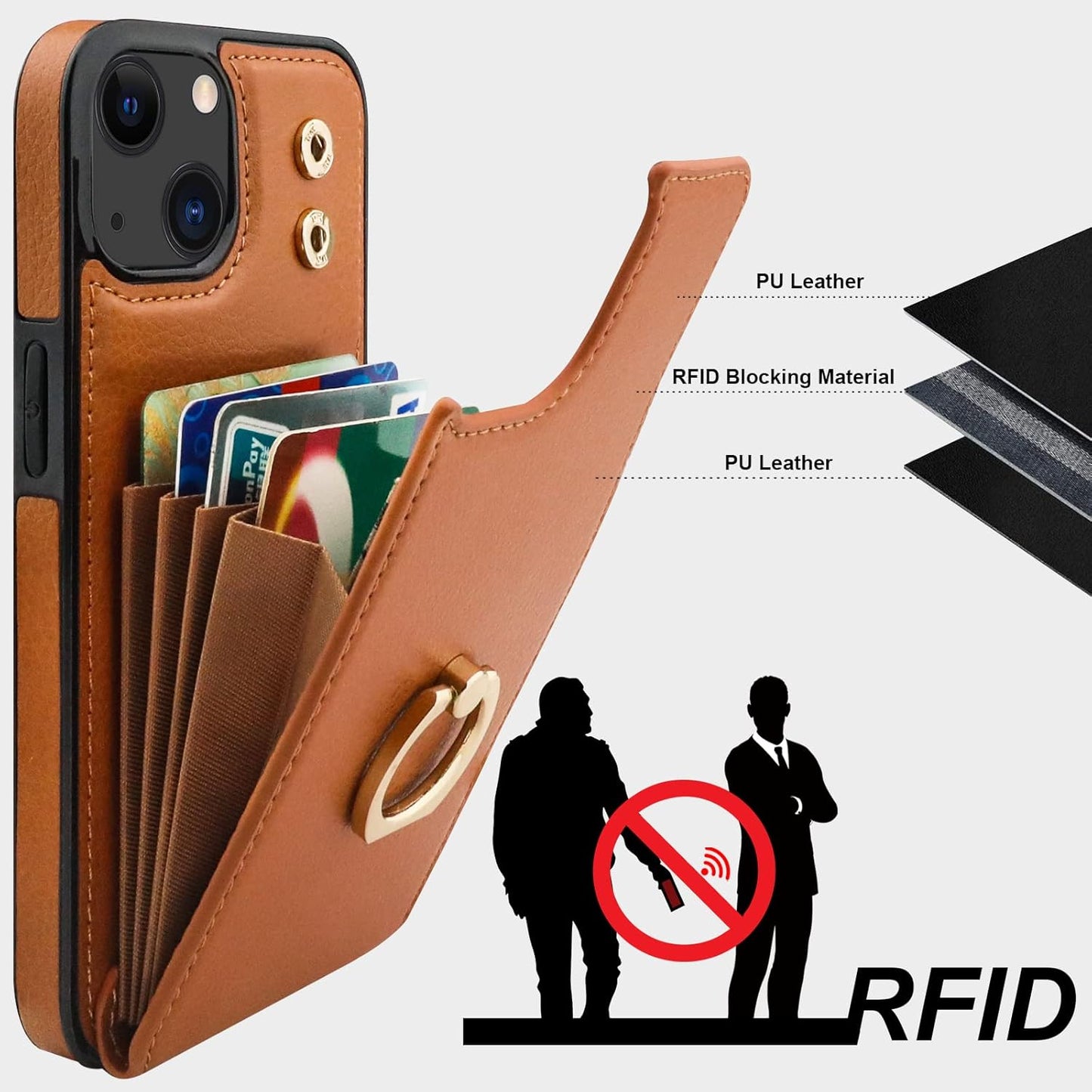 Folosu Compatible with iPhone 14 Case Wallet with Card Holder, 360°Rotation Finger Ring Holder Kickstand, RFID Blocking Leather Protective Double Buttons Shockproof Cover 6.1 Inch Brown