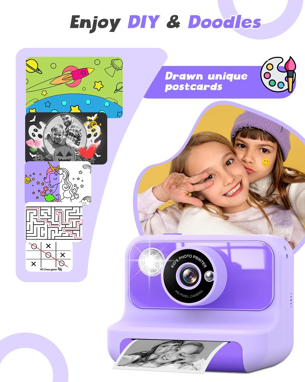 Instant Print Camera for Kids, 1080P Digital Video Cameras, Christmas Birthday Gifts Toys for Age 3-12, Toddler Camera for 4 5 6 7 8 9 10 Year Old Girls - Purple