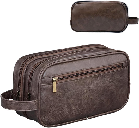 Mens travel toiletry bag, Gift For Men，PU Leather Water Resistant Cosmetic Bag Dopp Kit Shaving Pouch with Large Capacity for Toiletries Accessories(Coffee)