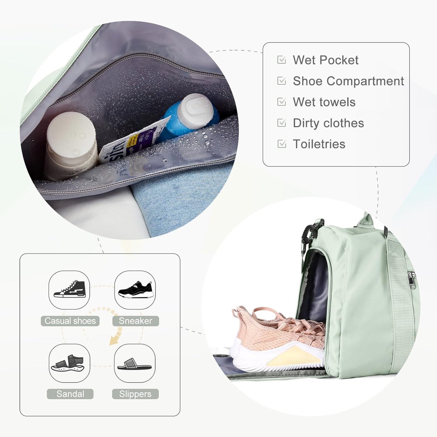 Gym Bag for Women with Shoes Compartment Small Duffel Bag Sport bag with Toiletry Bag Overnight Travel Tote Bags Weekender Carry on Bag Personal Item Bags for Airlines Mint Green