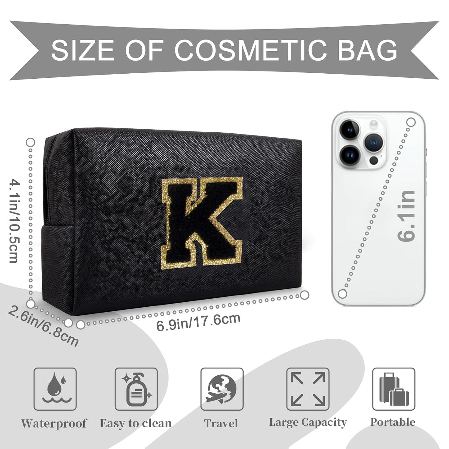 Personalized Initial A-Z Preppy Patch Makeup Bag,Small PU Chenille Letter Cosmetic Bag with Zipper for Teen Girls,Black Cute Toiletry Organizer Bag,Monogram Makeup Case Gift for Women Girls,Letter K
