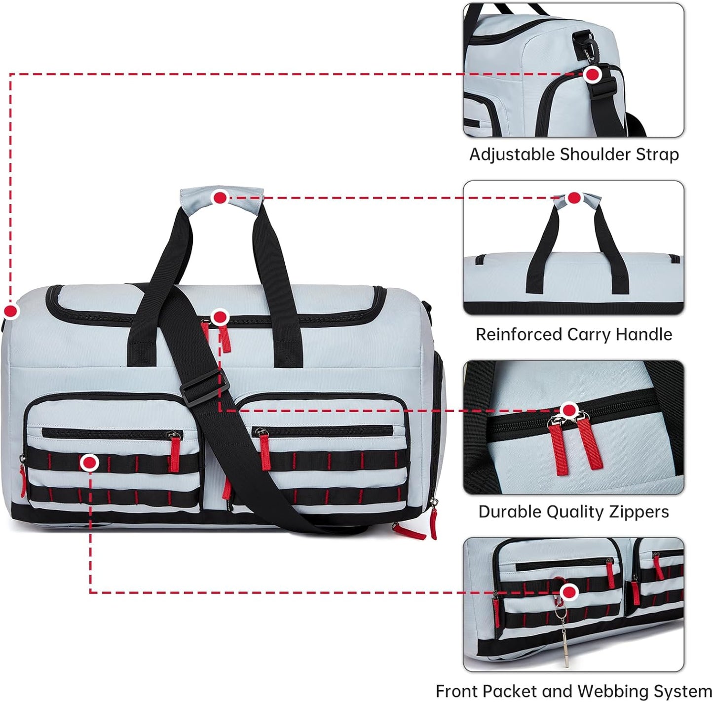 Gym Bag for Men Women, 3-in-1 Weekender Overnight Backpack Carry On, Sports Travel Duffel Bag with Webbing System, Water Resistant, Grey