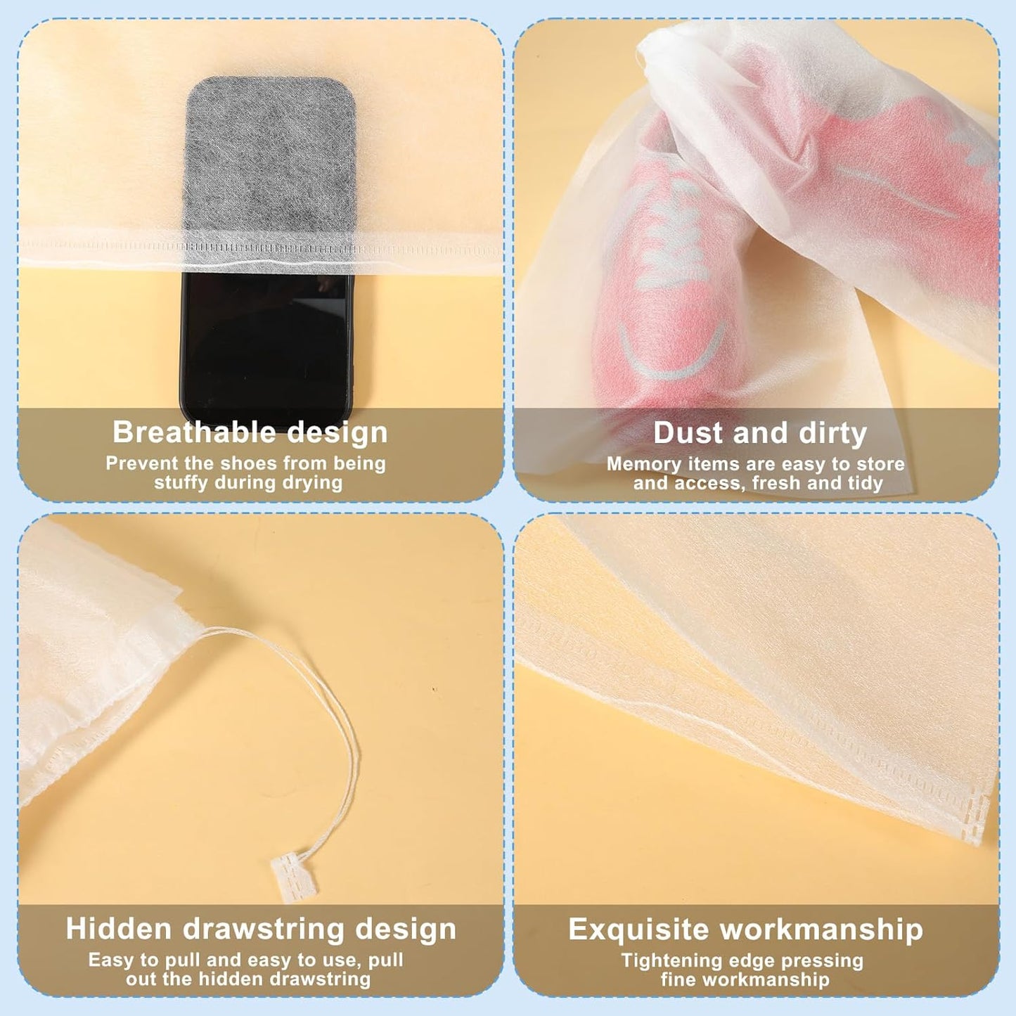 100PCS Dust Bags for Shoes for Purses Storage Bags for Handbags, Non Woven Fabric Bag with Drawstring for Travel Packing, Purse, Shoe, home Closet Storage,Dust Cover(15.7''x19.7'')