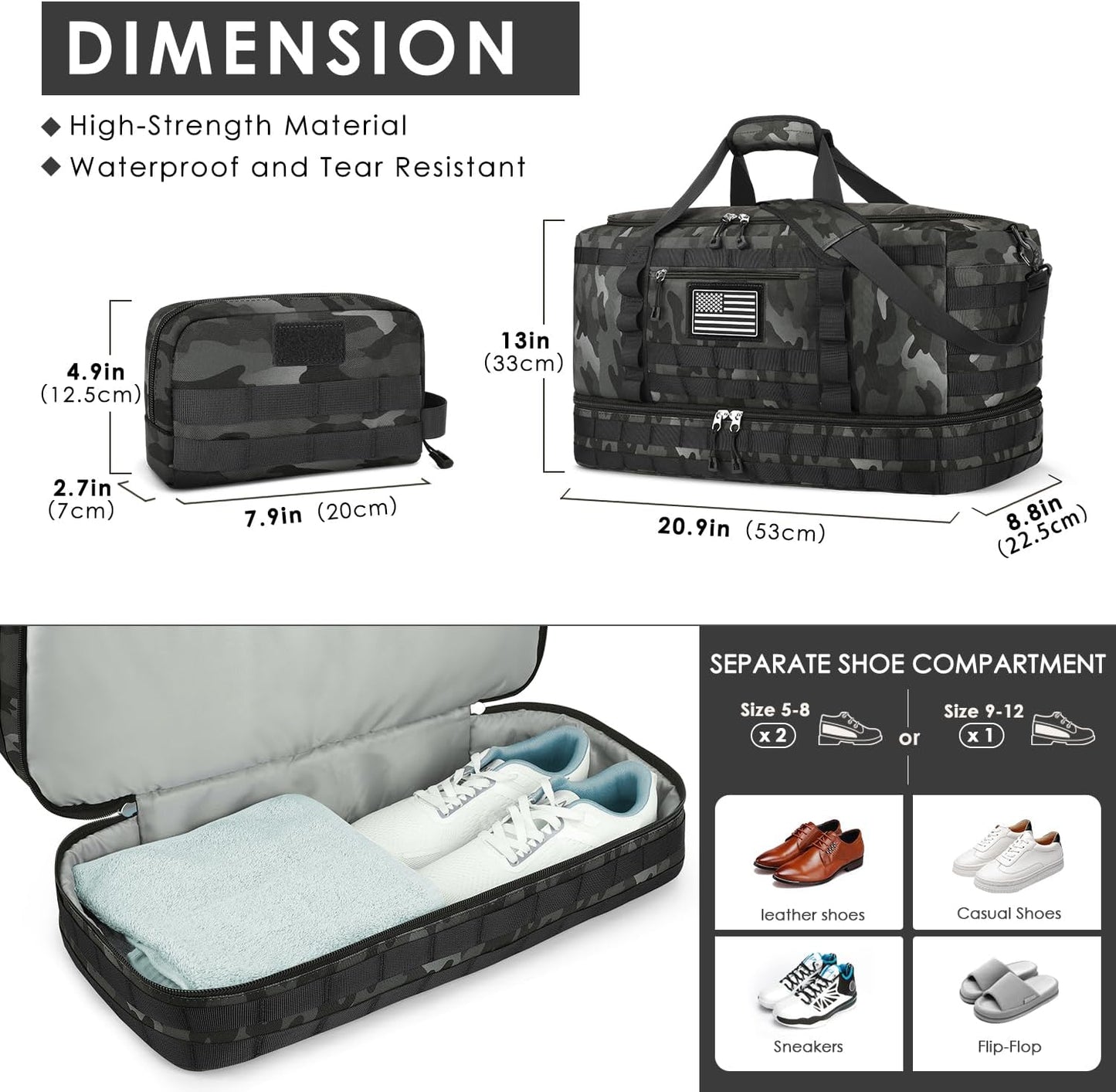 ETRONIK Travel Bag for Men Women, Gym Bag & Tactical Duffle Bags for Travel, Carry on with Toiletry Bag and Shoe Compartment, Weekender Overnight Trip with Wet Pocket for Workout Medical, Black Camo