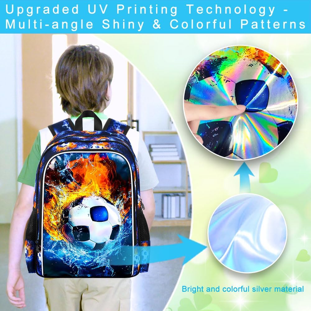 17" Soccer Backpack for Boy, 3Pcs Football School Backpacks with Lunch Box, Kids Bookbag for Elementary Preschool Kindergarten(Blue)