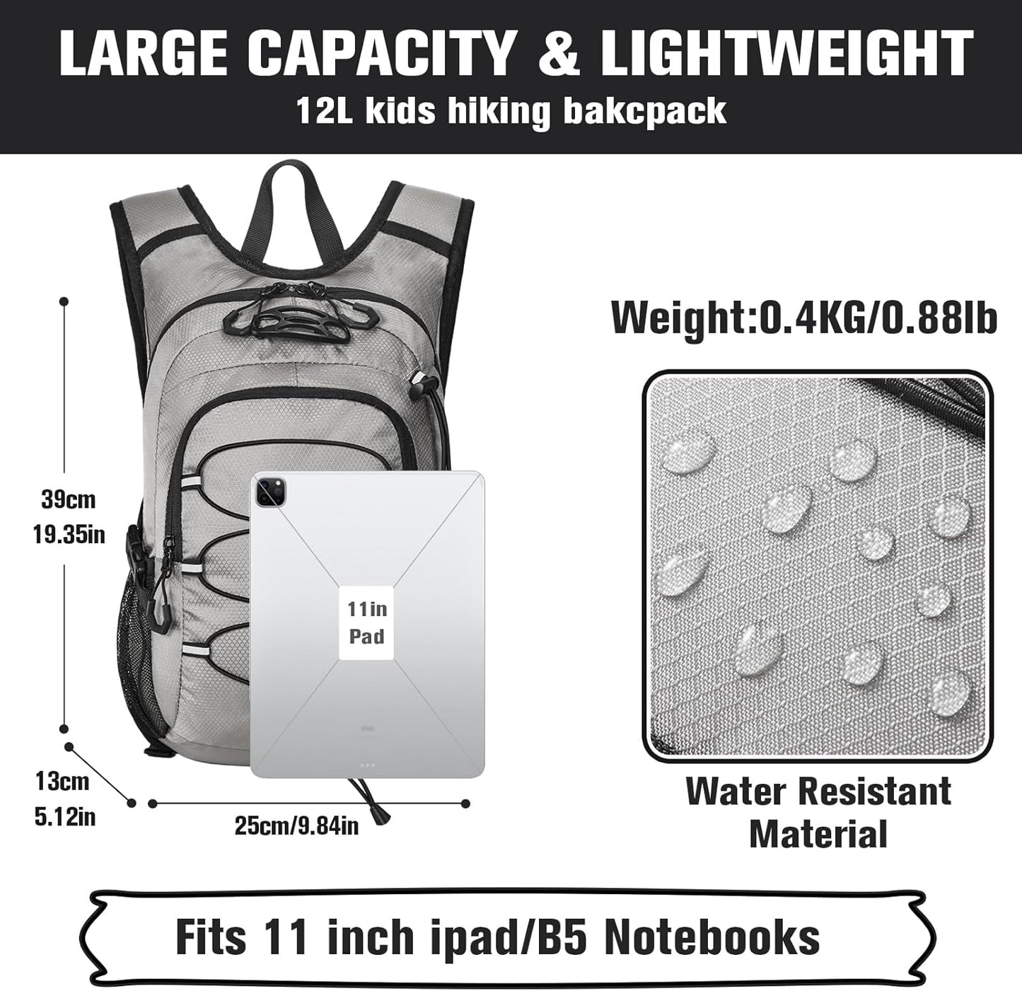 12L Kids Hiking Backpack, Small Hydration Backpack, Waterproof Kids Camping Daypack 5-12, No Water Bladder…