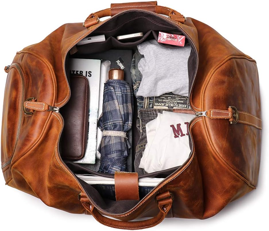 Leather Travel Luggage Bag, Mens Duffle Retro Carry on Handbag(Brown, 24 Inch)