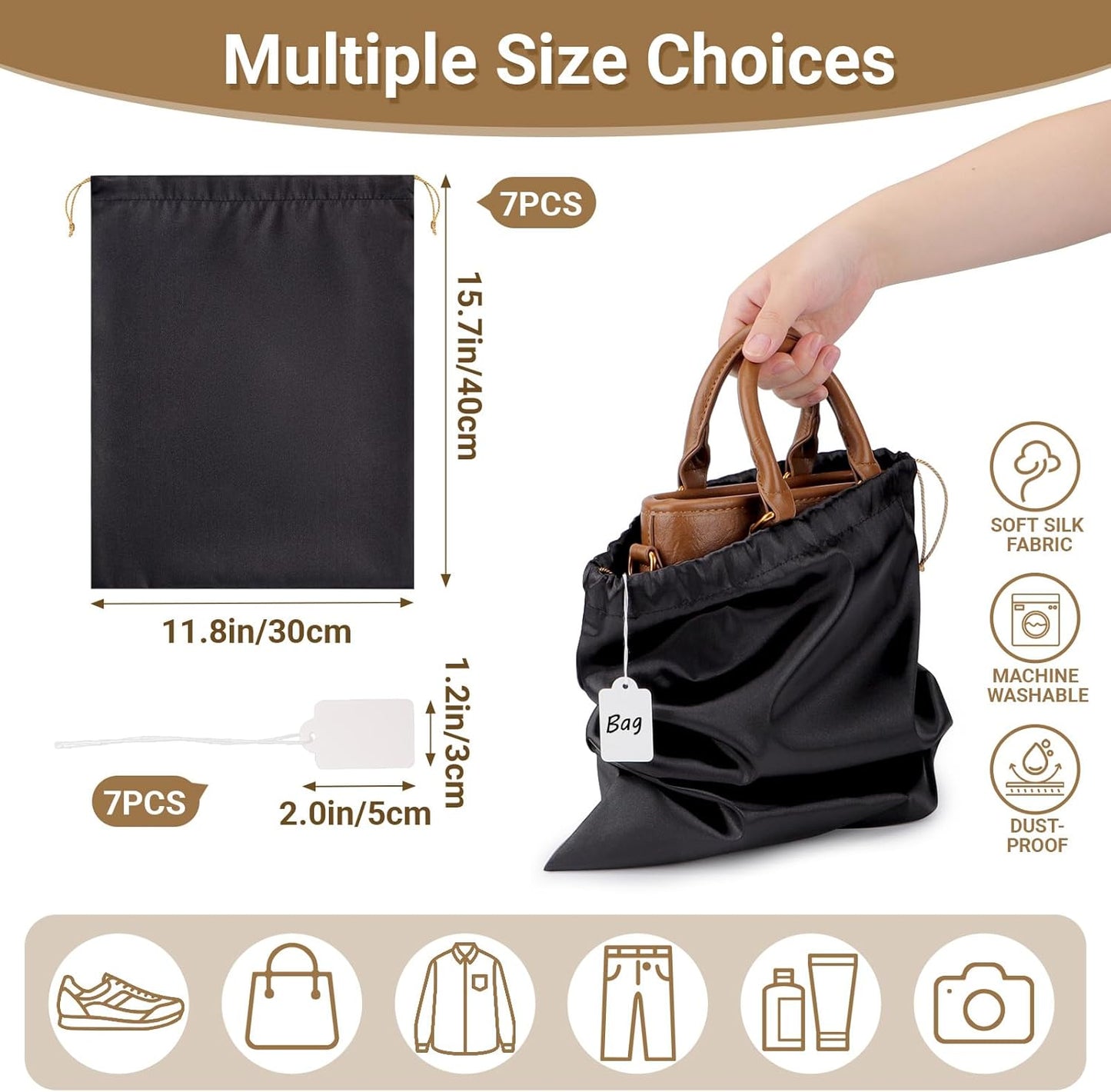 Ewen 11.8x15.7in Black Dust Bags for Shoes, 7 Pack of Dustproof Silk Bags with Drawstring for Storage, Vintage Pouches Covers for Travel, Satin Purse Storage Bags, Clothes Storage Bag for Home