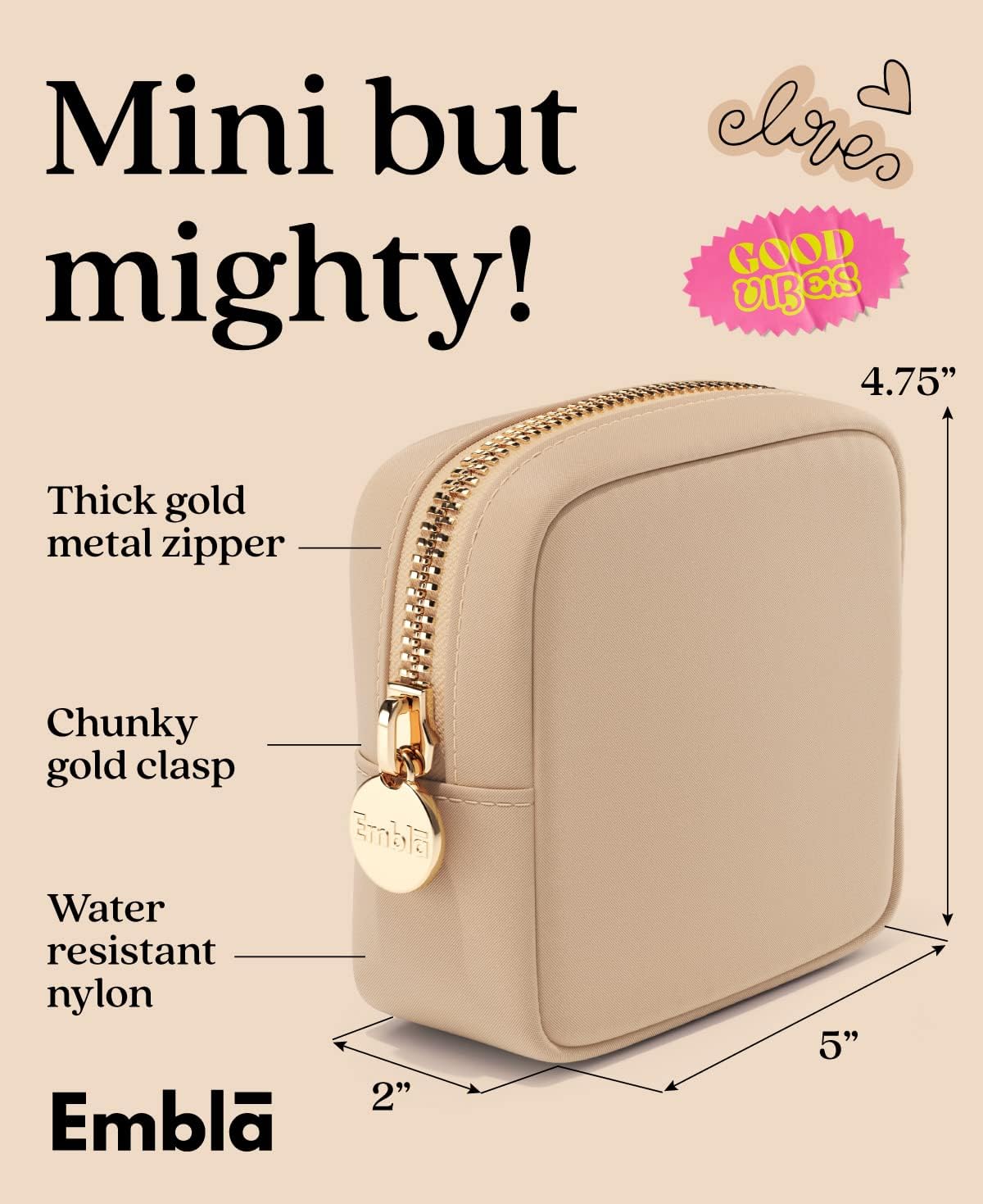 Embla Makeup Bag Travel Cosmetics Pouch and Toiletry Bag, Nylon Zipper Pouch Purse, Cute Make Up Organizer Storage Tote for Women Girls, Waterproof Travel Skincare Case, Small Makeup Bags, Sand