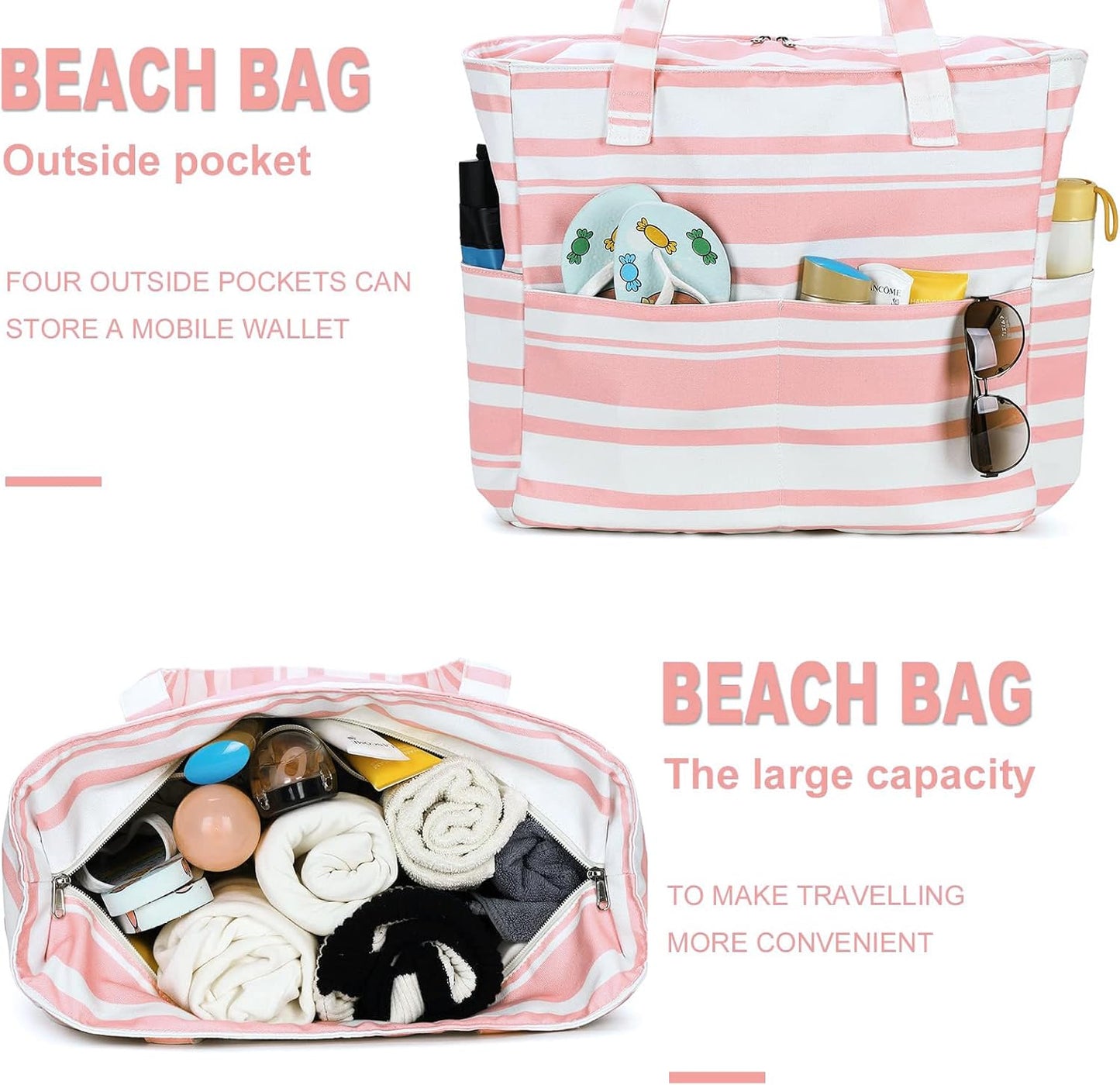 LEDAOU Beach Bag Waterproof Sandproof Women Tote Bag Pool Bag with Zipper for Gym Grocery Travel with Wet Pocket