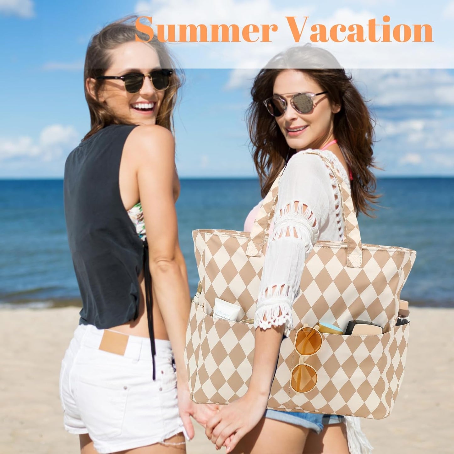 LEDAOU Large Beach Tote Bag Women Waterproof Sandproof Zipper Beach Tote Bag for Pool Gym Grocery Travel with Wet Pocket