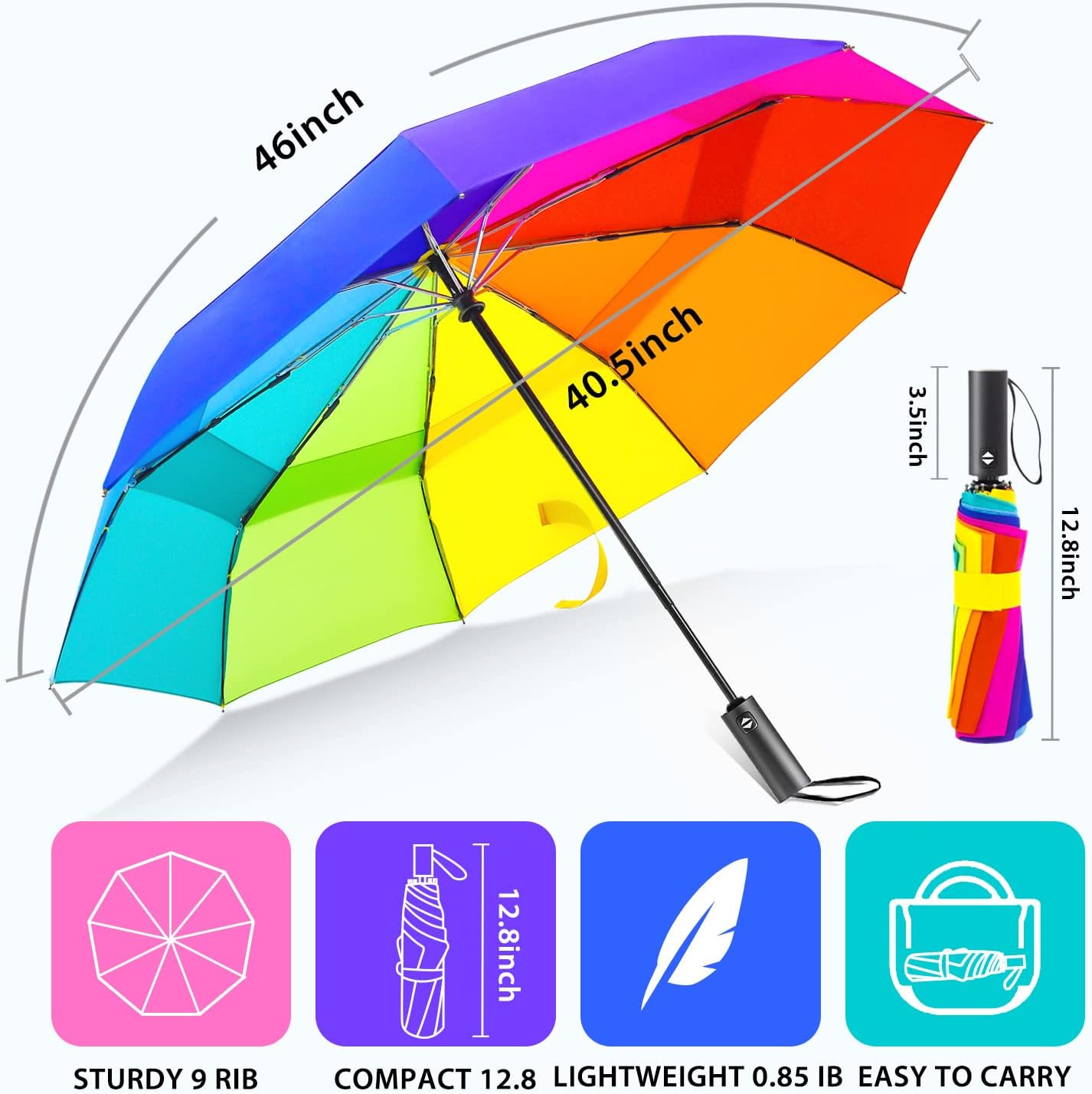 LEAGERA Rainbow Umbrella for Adults - Smal Travel Umbrellas for Rain&Sun, Small, Compact, Light, Folding and Portable Rainbow Umbrella For Backpack Umbrella, Automatic Open