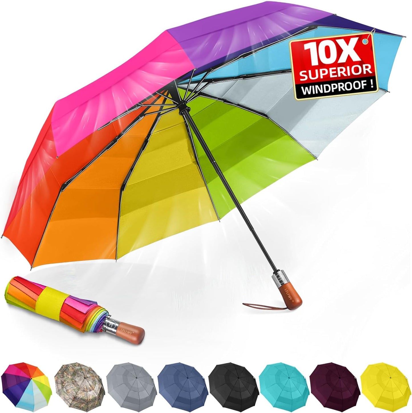 Umbrella Strong Windproof, Triple-Layer Canopy, 10 Fiberglass Ribs, Auto Open/Close, Wooden Handle, Sleeve with Anti-Loss Hook, Umbrellas for Travel & Commute & Daily Use & Gift