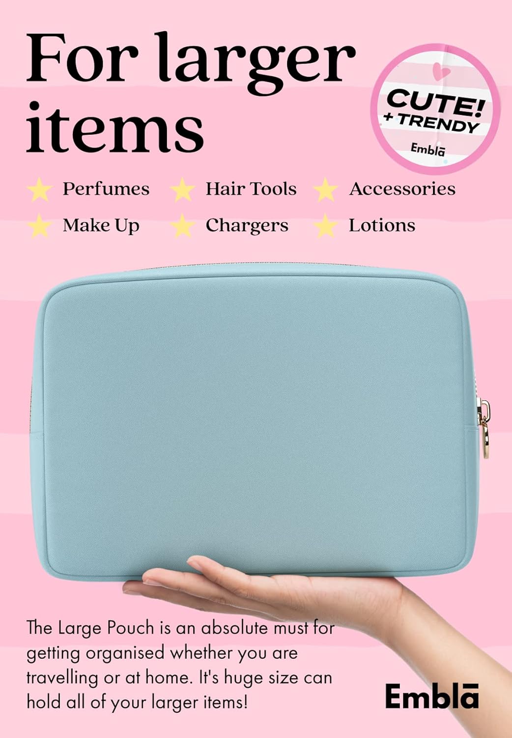 Embla Makeup Bag Travel Cosmetics Pouch and Toiletry Bag, Nylon Zipper Pouch Purse, Cute Make Up Organizer Storage Tote for Women Girls, Waterproof Travel Skincare Case, Large Makeup Bags, Sky Blue