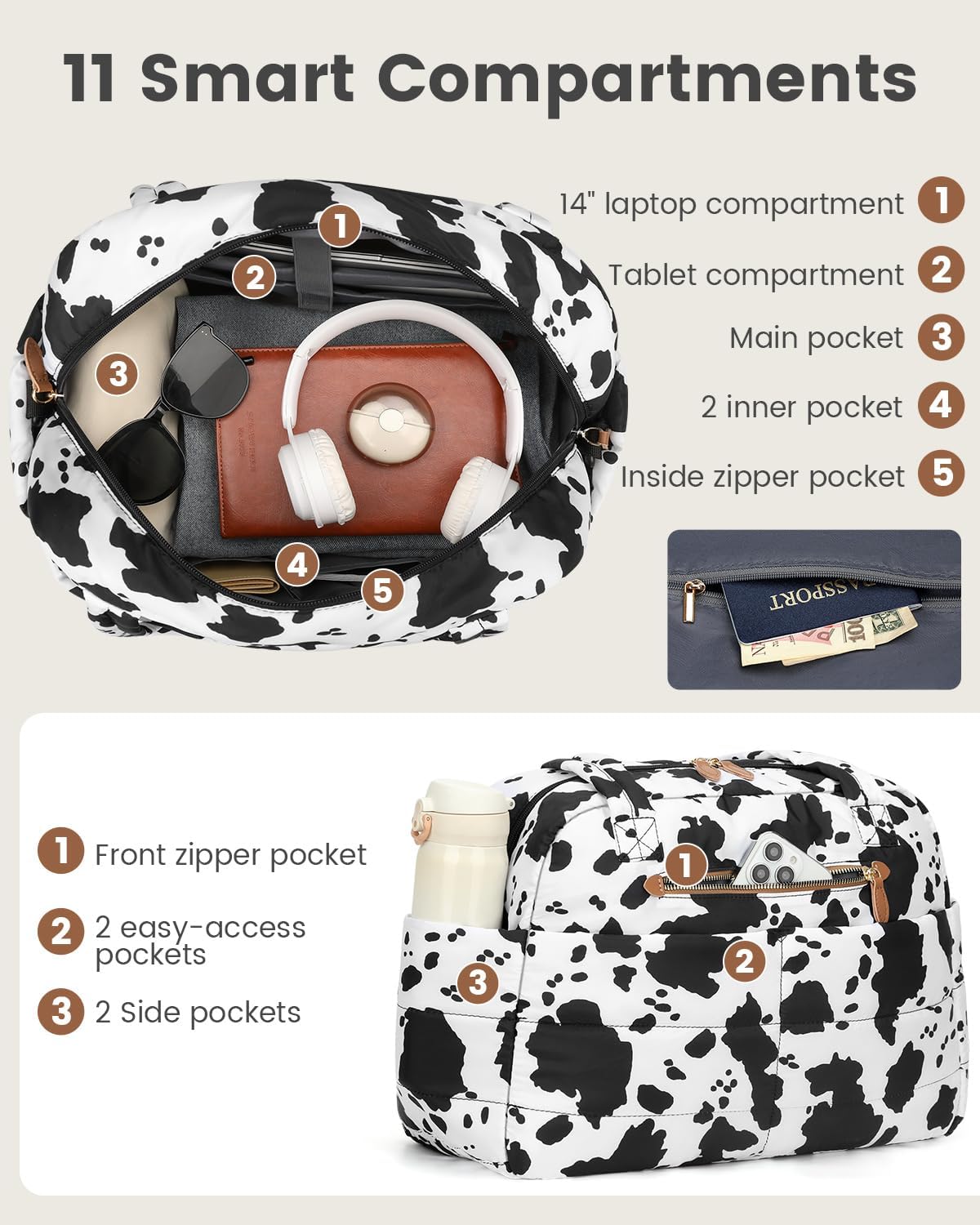 Travel Duffle Bag,Puffer Carry On Duffel Bag with Laptop Compartment Waterproof Overnight Weekender Bags for Women Large Hospital Tote Bags for Labor and Delivery(Medium,Cow Print)