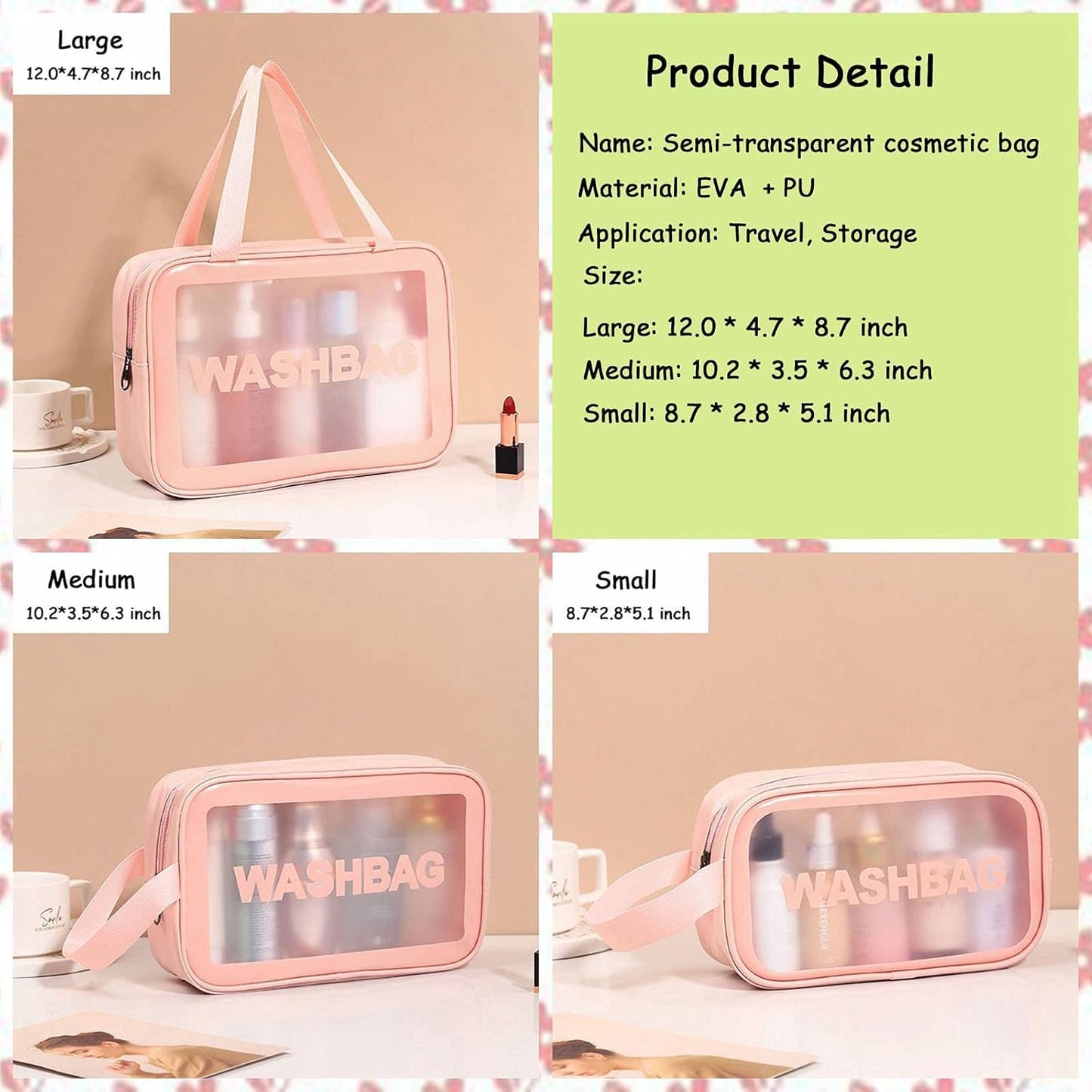Clear Travel Bags for Toiletries, 3Pcs Portable PVC Waterproof Cosmetic Bags, Transparent Travel Storage Carry Pouch, Toiletry Bags and Cosmetics Organizer for Women Men (Pink)