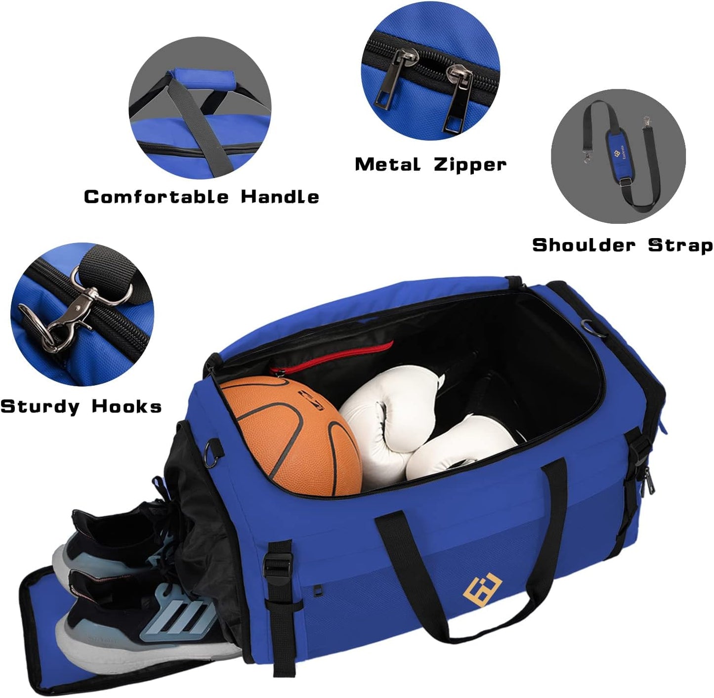 Eackrola Large Sports Gym Bag, Travel Duffel bag with Wet Pocket & Shoes Compartment for men women, 65L, Lightweight