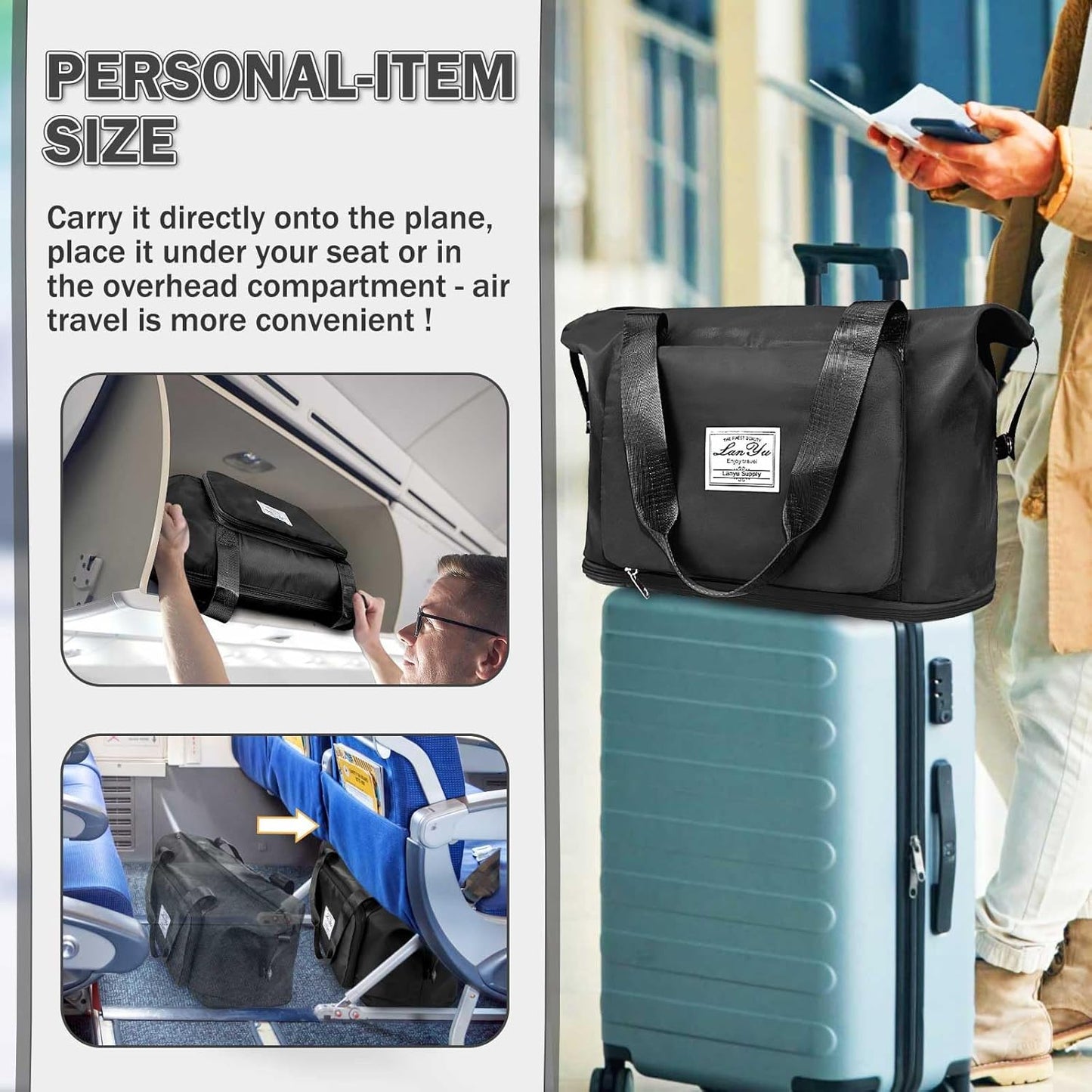 Ranslen Large Capacity Folding Travel Bag,Expansion Travel Duffel Bag with Dry and Wet Separation Portable Travel Duffel Bag