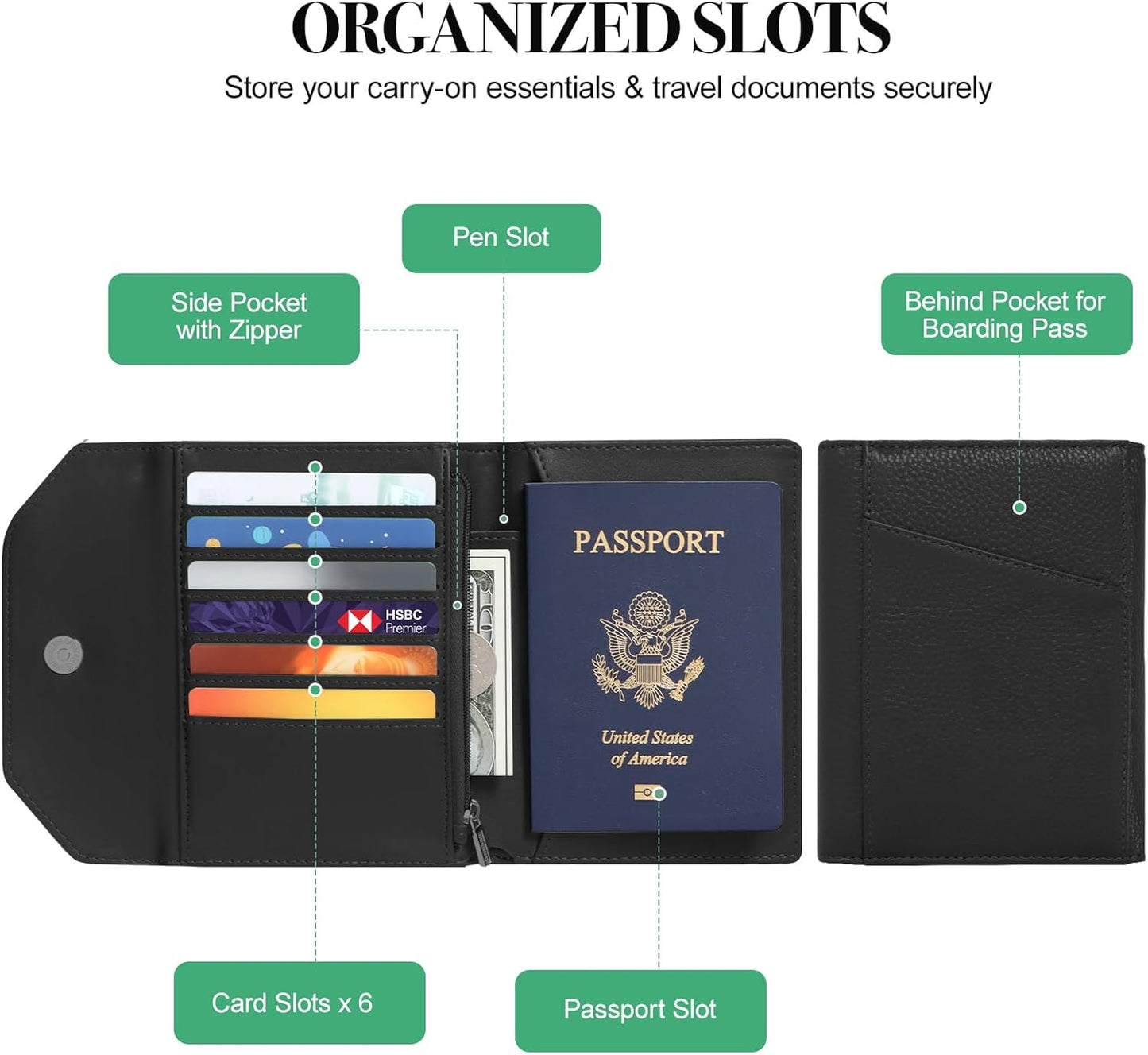 Leather Passport Holder for Travel,Rfid Passport Holder Protect Your Card Security,Passport Book Holder for Men Women,Travel Wallet with Cards & Pen Slot,Boarding Pass,Zipper Cash Pocket(Black)