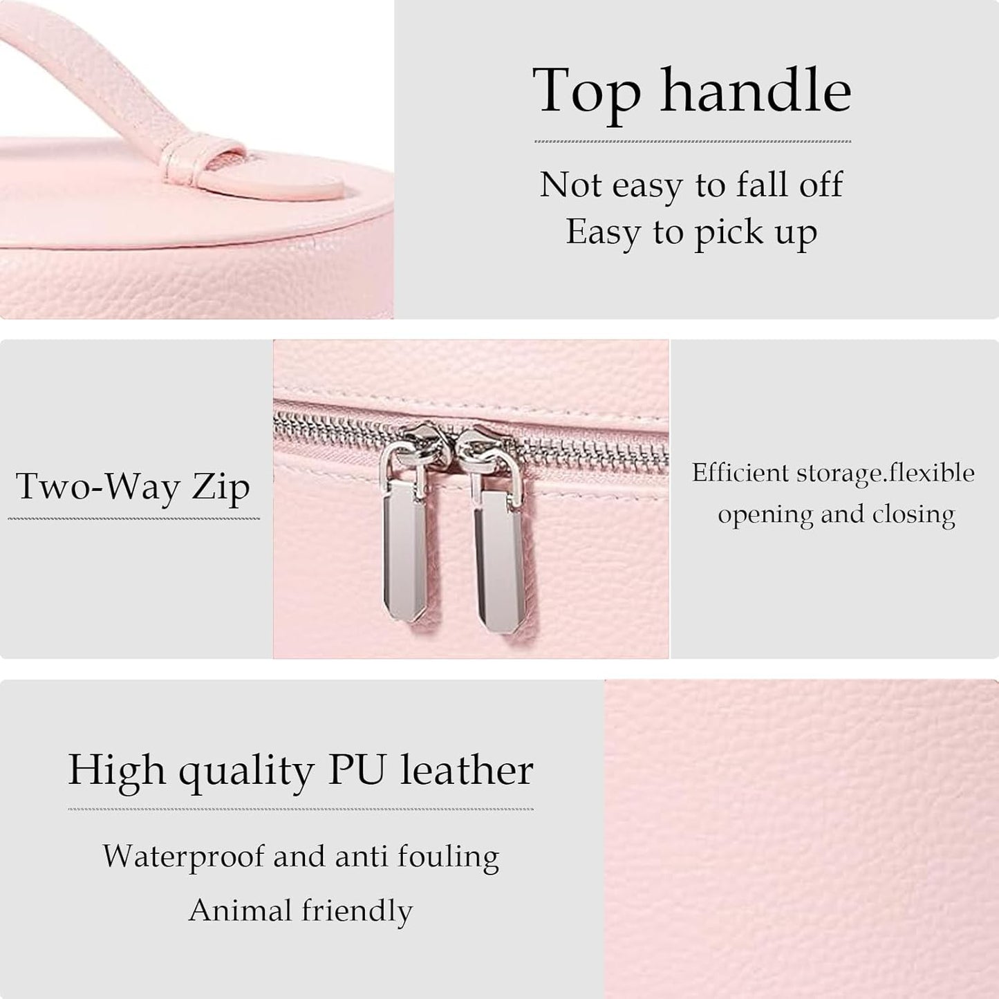 Leather Make Up Bags With Compartments, Pink Travel Cosmetic Bags for Women, Parallel Makeup Travel Bags Organizer Equipped With a Detachable Divider