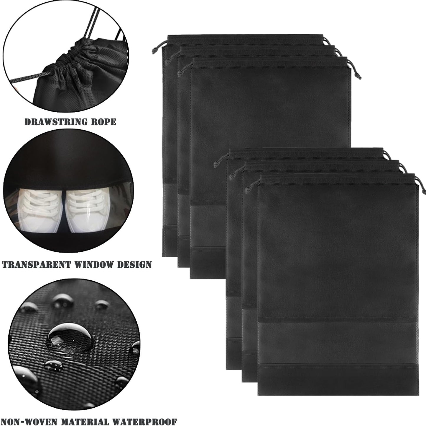 12pcs Non-woven Shoe Bags for Travel 12.6" X 17.3" Portable Shoe Bags with Clear Window, Large Drawstring Dustproof Travel Shoe Storage Bag for Men & Women, Black,XL Size