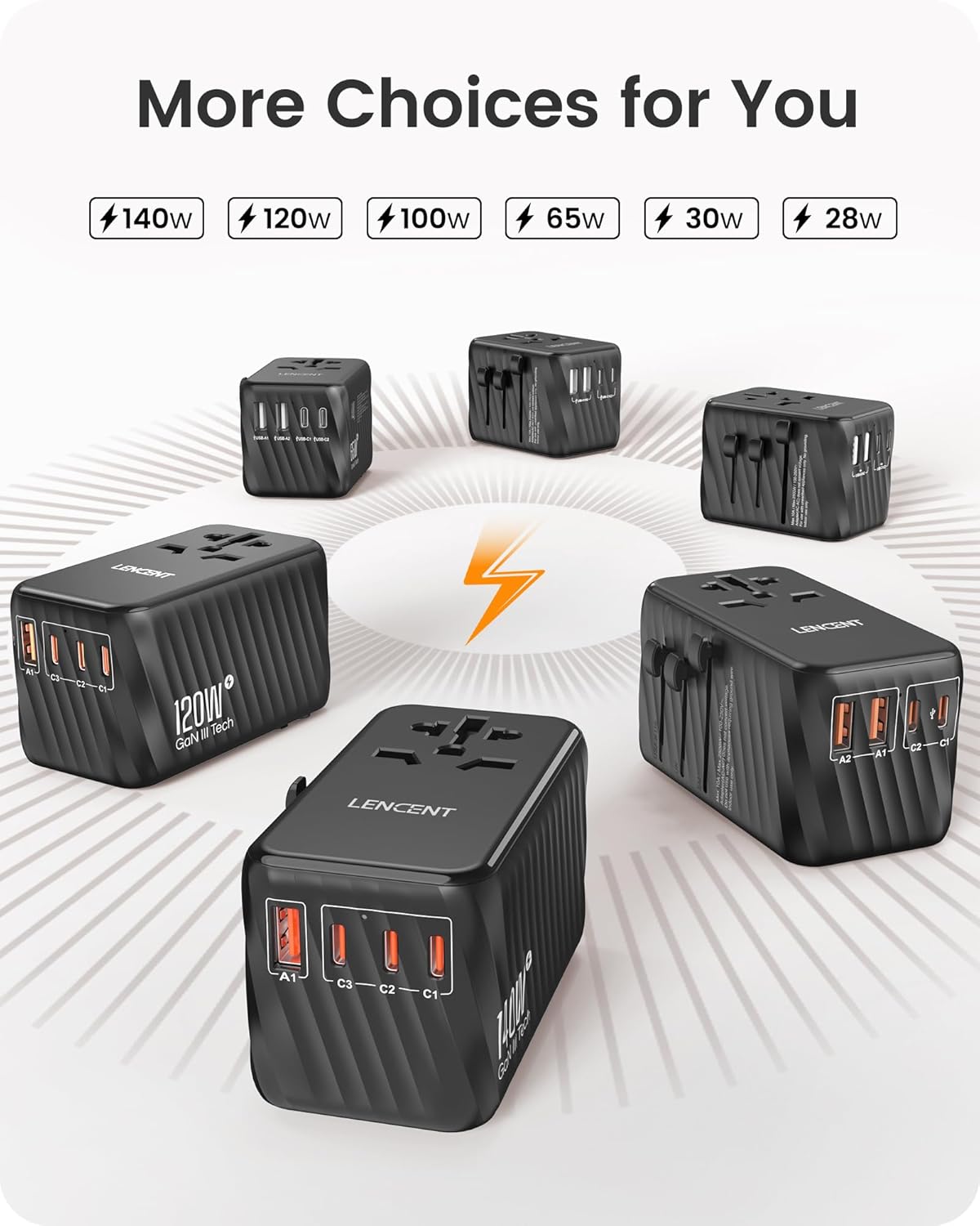 LENCENT Universal Travel Power Adapter, International AC Plug Adaptor with 3 USB A Ports 1 Type C PD Wall Charger Worldwide Travel Essentials for US to EU UK Ireland Australia (Type C/G/A/I) Black