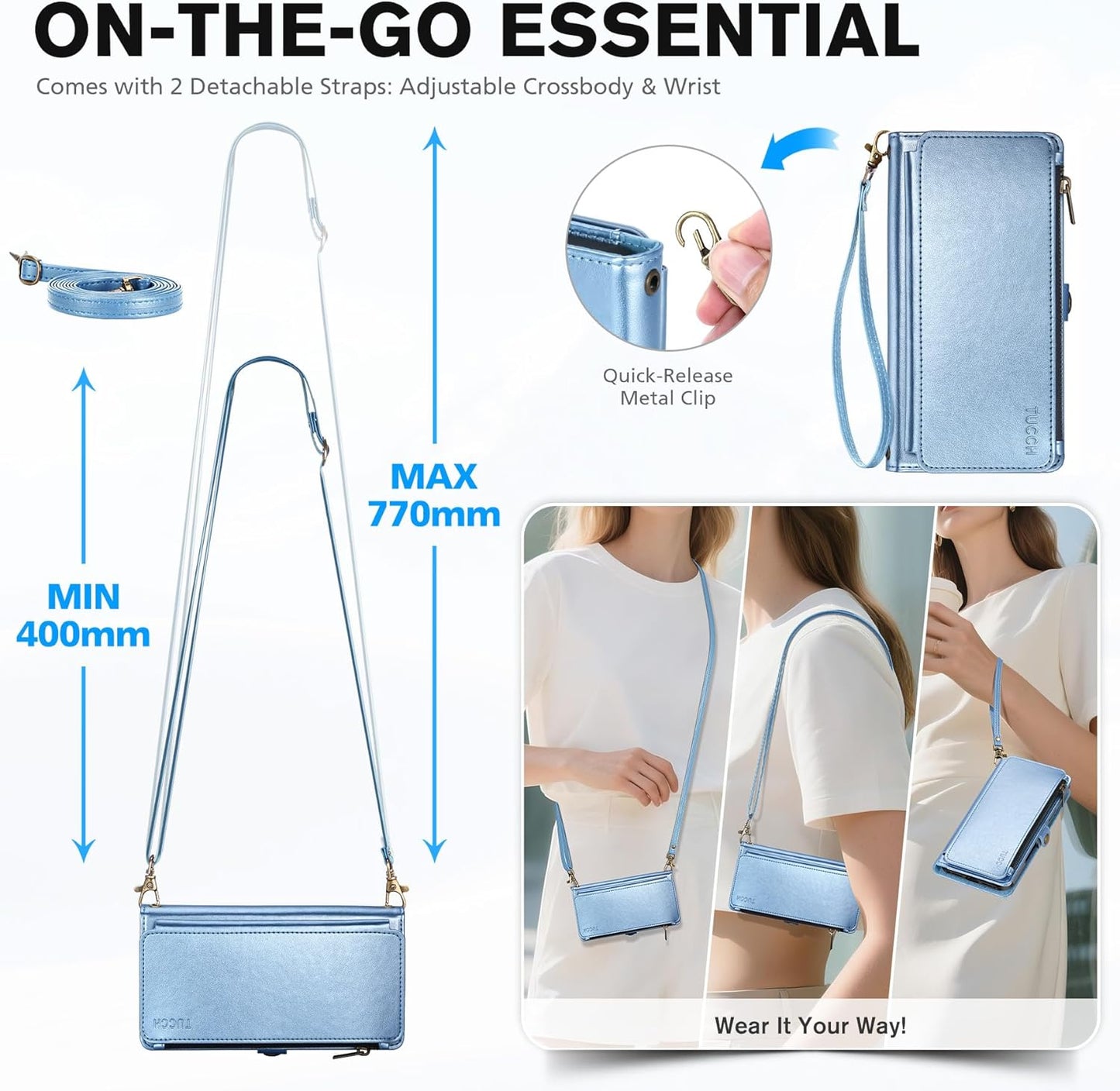 TUCCH Crossbody Detachable Wallet Case for iPhone 17 Pro 6.3" 2025, 9 Card Slots RFID Blocking | Wireless Charging | Wrist Strap Lanyard | Stand | Zipper Pocket | PU Leather Cover | Pearly Light Blue