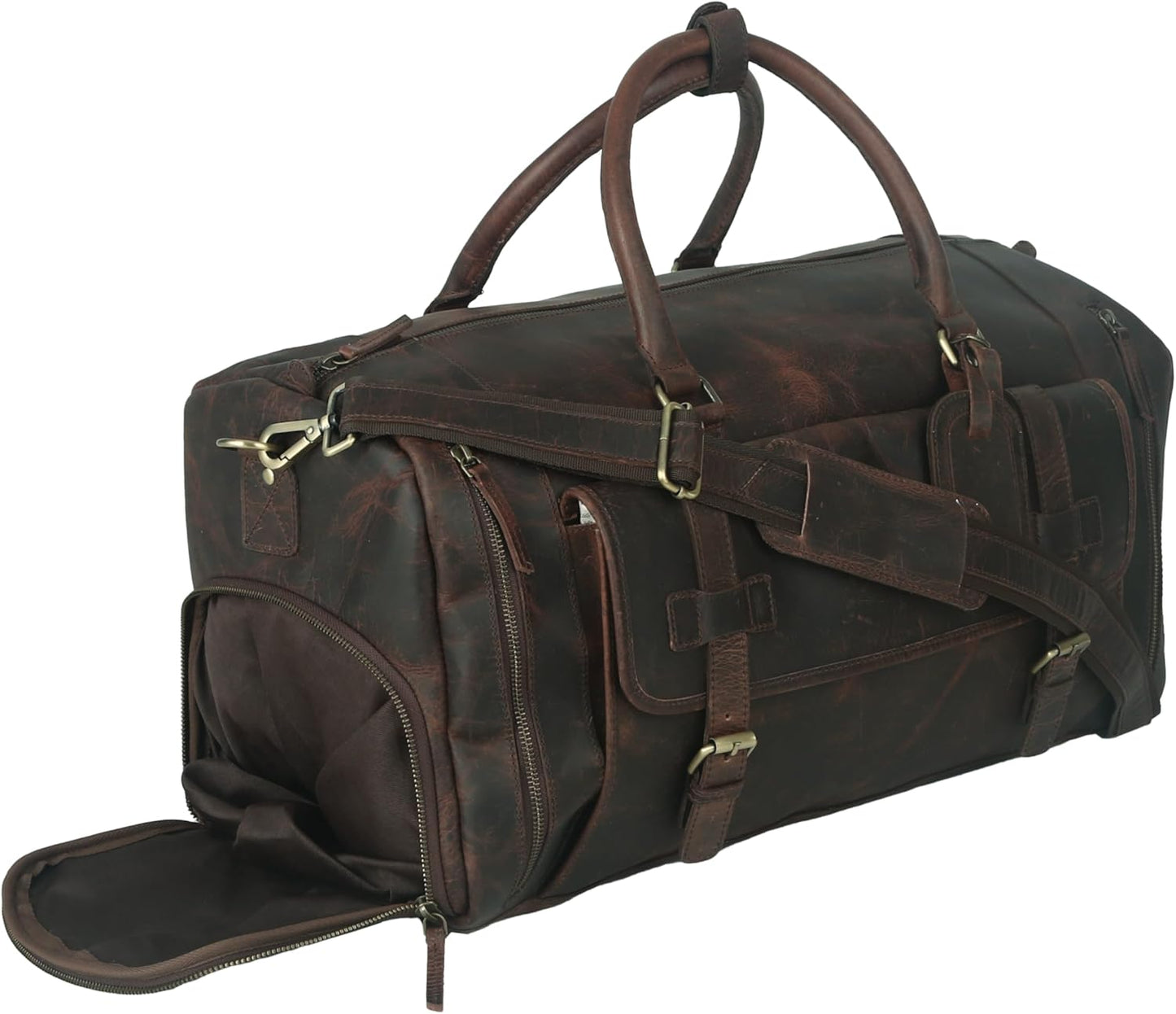 22 Inch Genuine Leather Duffel Bag Overnight Travel Weekend Sports Gym Cabin Carryon With Shoe Compartment For Men