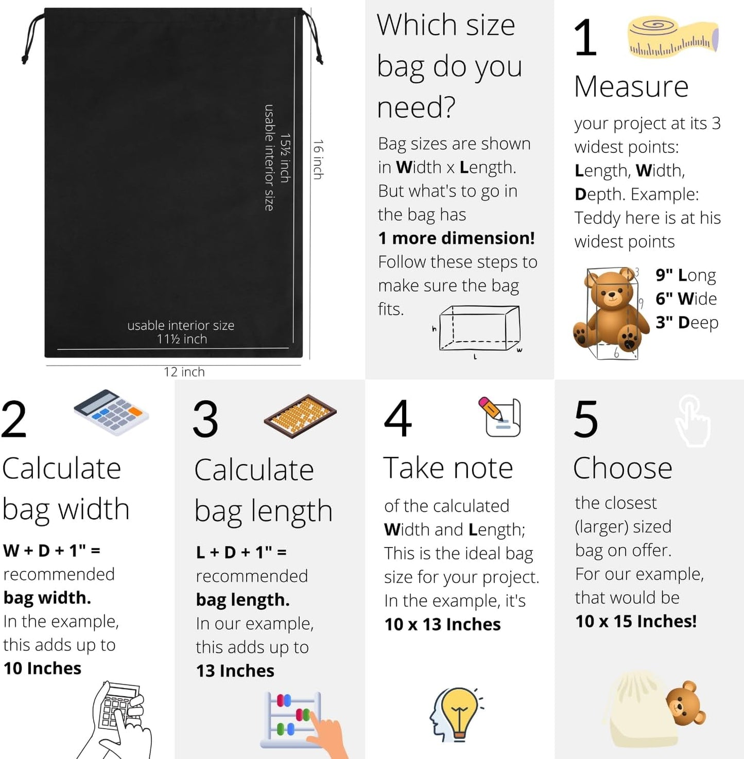 Premium Microfiber Drawstring Bags (Set of 5) – Multipurpose Travel Storage Pouches for Cords, Toiletries, Jewelry, Shoes – Durable Organizer with Strong Drawstring Closure (Black, 12 x 16 Inches)