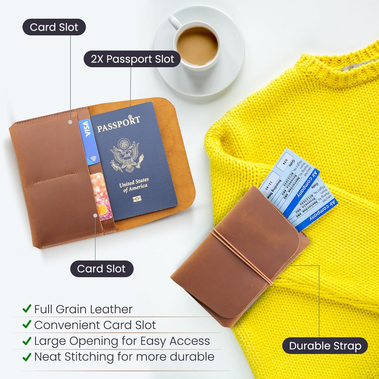 Leather Passport Holder with Travel Wallet, Genuine Leather Passport Cover- Passport Wallet, Leather Folding Wallet for Passports (Strap, Brown)