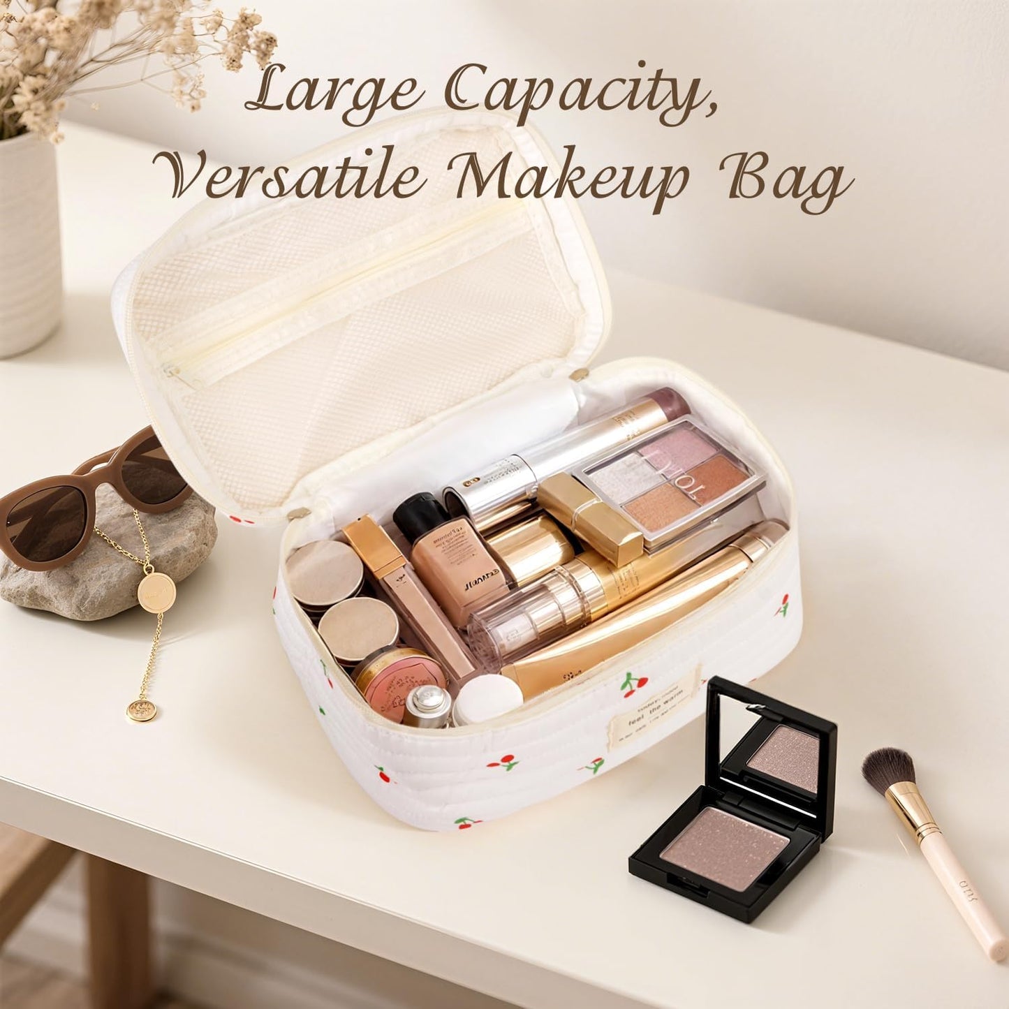 Large Travel Quilted Makeup Bag for Women, Floral Cotton Cosmetic Bag Cute Coquette Aesthetic Floral Toiletry Organizer Bag for Girls Cherry Flower Cosmetic Zipper Storage Bag