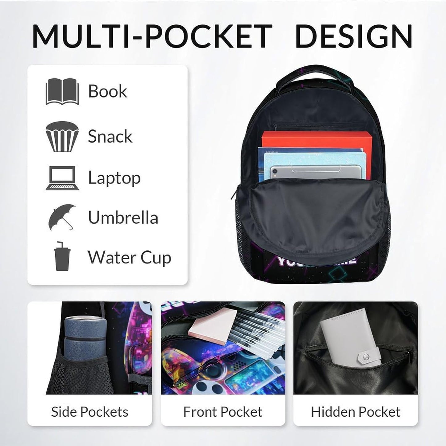 COZYAURA Personalized Backpacks for Boys - 3Pcs Video Gaming Bookbag for Kids - Gamer School Bag for Boys - Kids Backpacks with Lunch Box Pencil Case Set