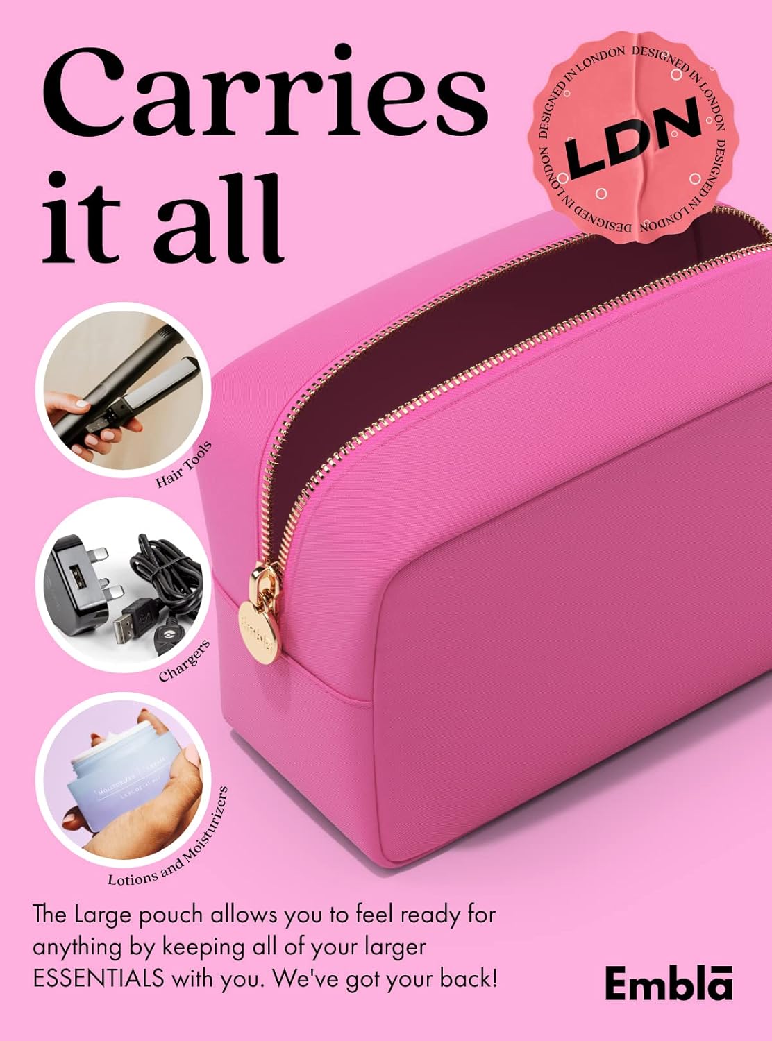 Embla Makeup Bag Travel Cosmetics Pouch and Toiletry Bag, Nylon Zipper Pouch Purse, Cute Make Up Organizer Storage Tote for Women Girls, Travel Skincare Case, Large Makeup Bags, Bubblegum