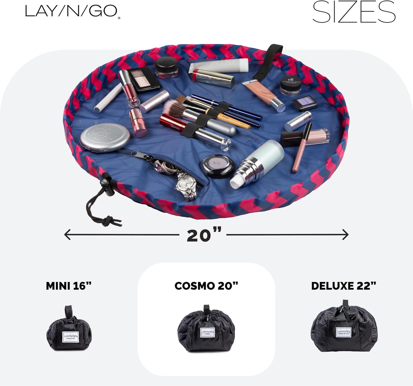 Lay-n-Go Cosmo Drawstring Cosmetic & Makeup Bag Organizer - Portable Drawstring Makeup Bag w/Zipper Pocket, Makeup Loops & More - Durable, Machine Washable Toiletry Bag (20", Pink Chevron)